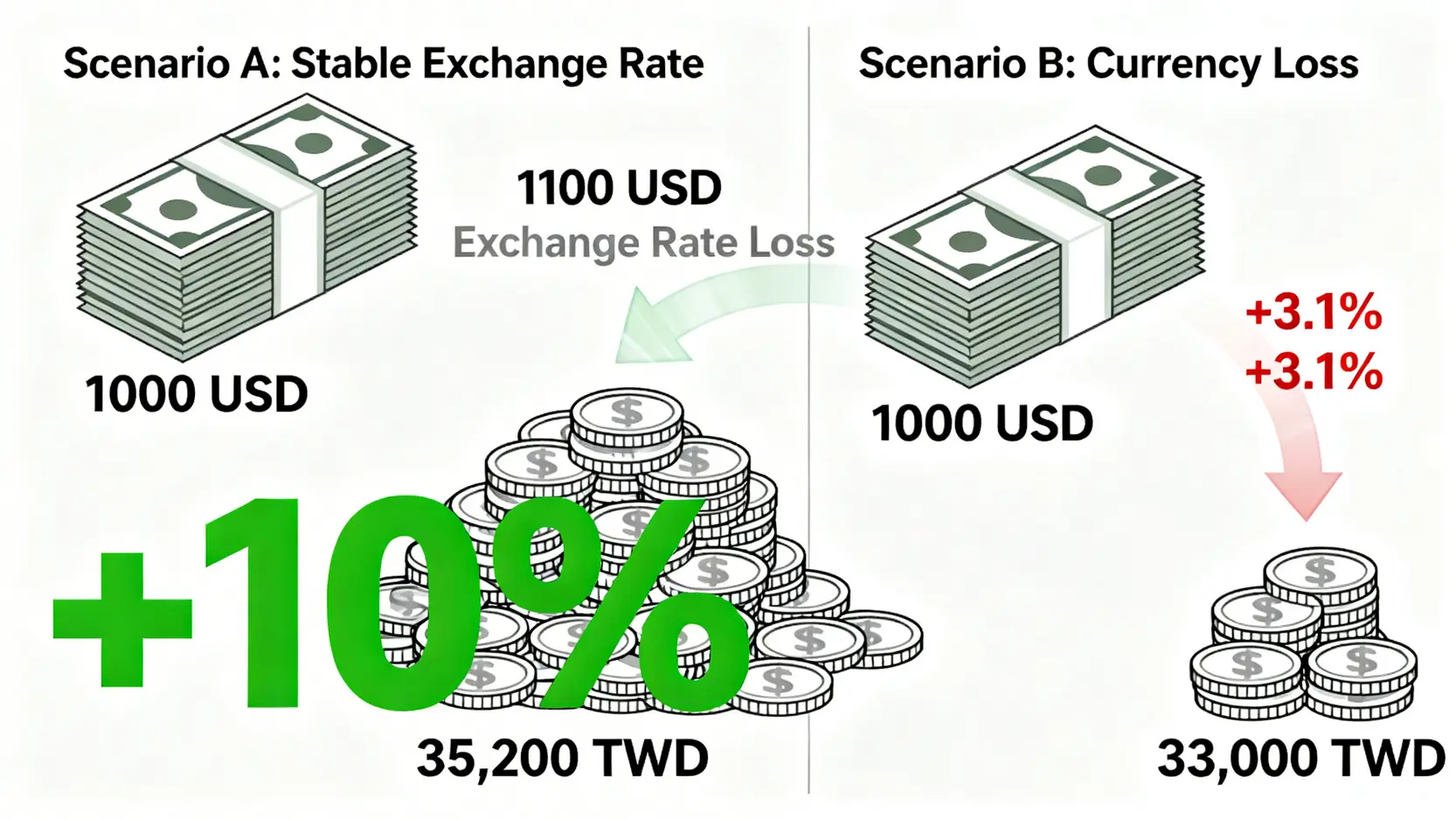 美元對沖意思全解析:5大避險貨幣與澳幣對沖操作一篇搞懂 一張對比圖,顯示匯率波動如何侵蝕海外投資的獲利,左邊是匯率穩定時的高報酬,右邊是匯率下跌後的低報酬。