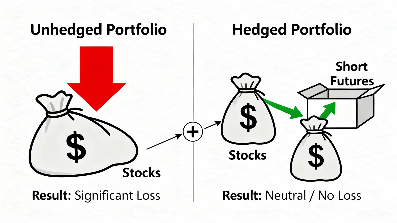 對沖交易全攻略:股票、期貨、外匯對沖策略與實戰範例 一張對比圖,顯示未對沖的股票投資組合在市場下跌時產生虧損,而經過期貨對沖的投資組合則因期貨獲利而抵銷了虧損,資產總值保持穩定。