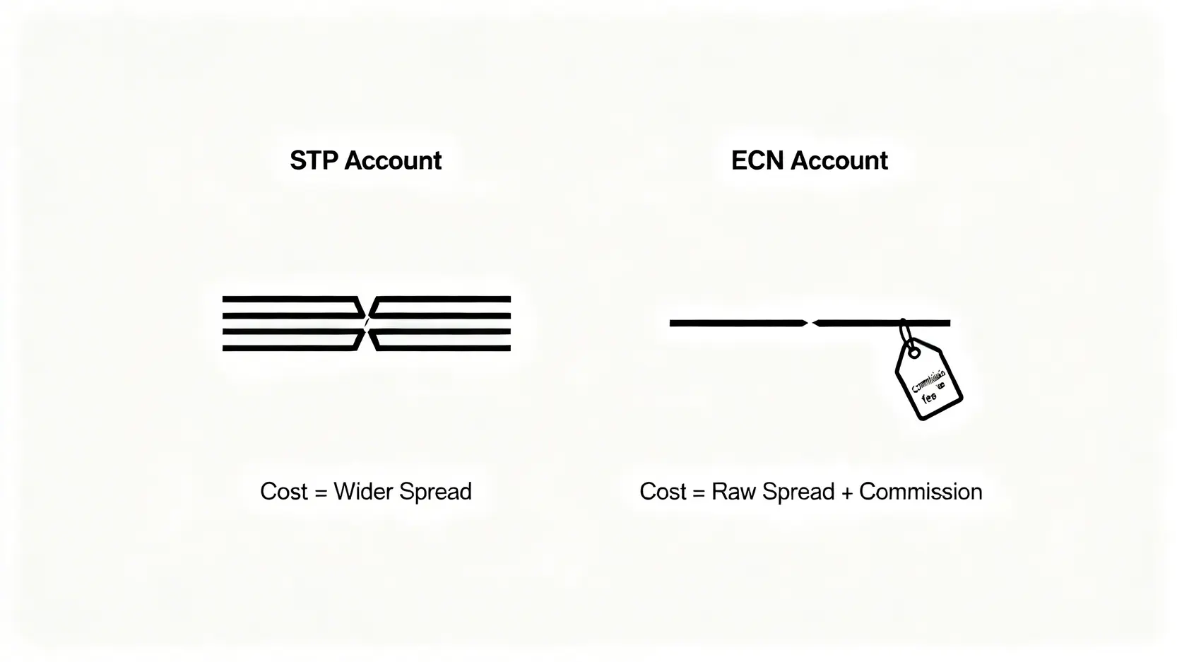 歐元美元點差比較:EUR/USD vs USDCNH 交易成本全解析 STP帳戶與ECN帳戶的交易成本結構對比圖。