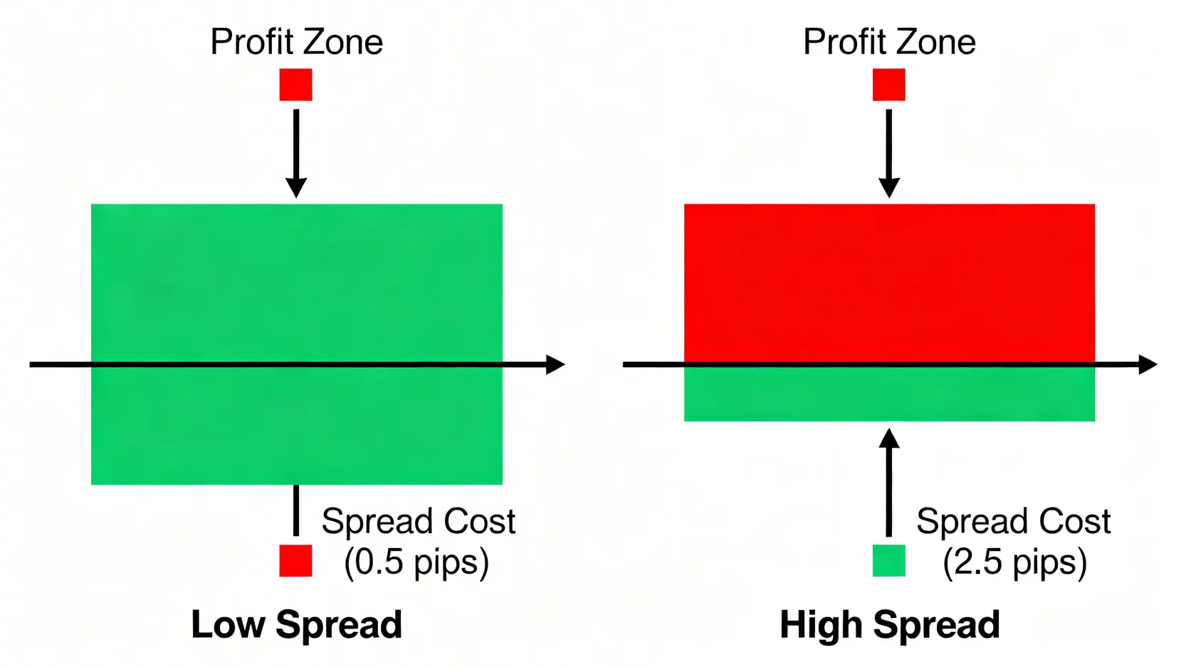 外匯點差是什麼?新手入門:秒懂點差計算與交易成本控制 高點差與低點差對交易獲利的影響對比圖,顯示高點差會增加獲利難度。