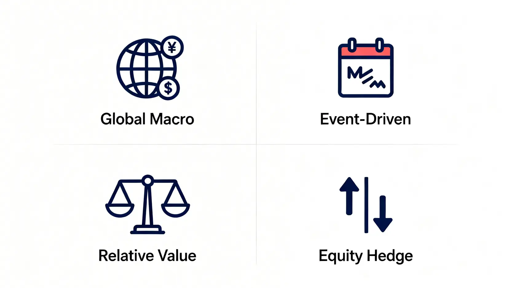 2026最新對沖基金排名:全球Top10美國對沖基金公司揭曉,台灣投資者如何佈局? 對沖基金四大投資策略示意圖