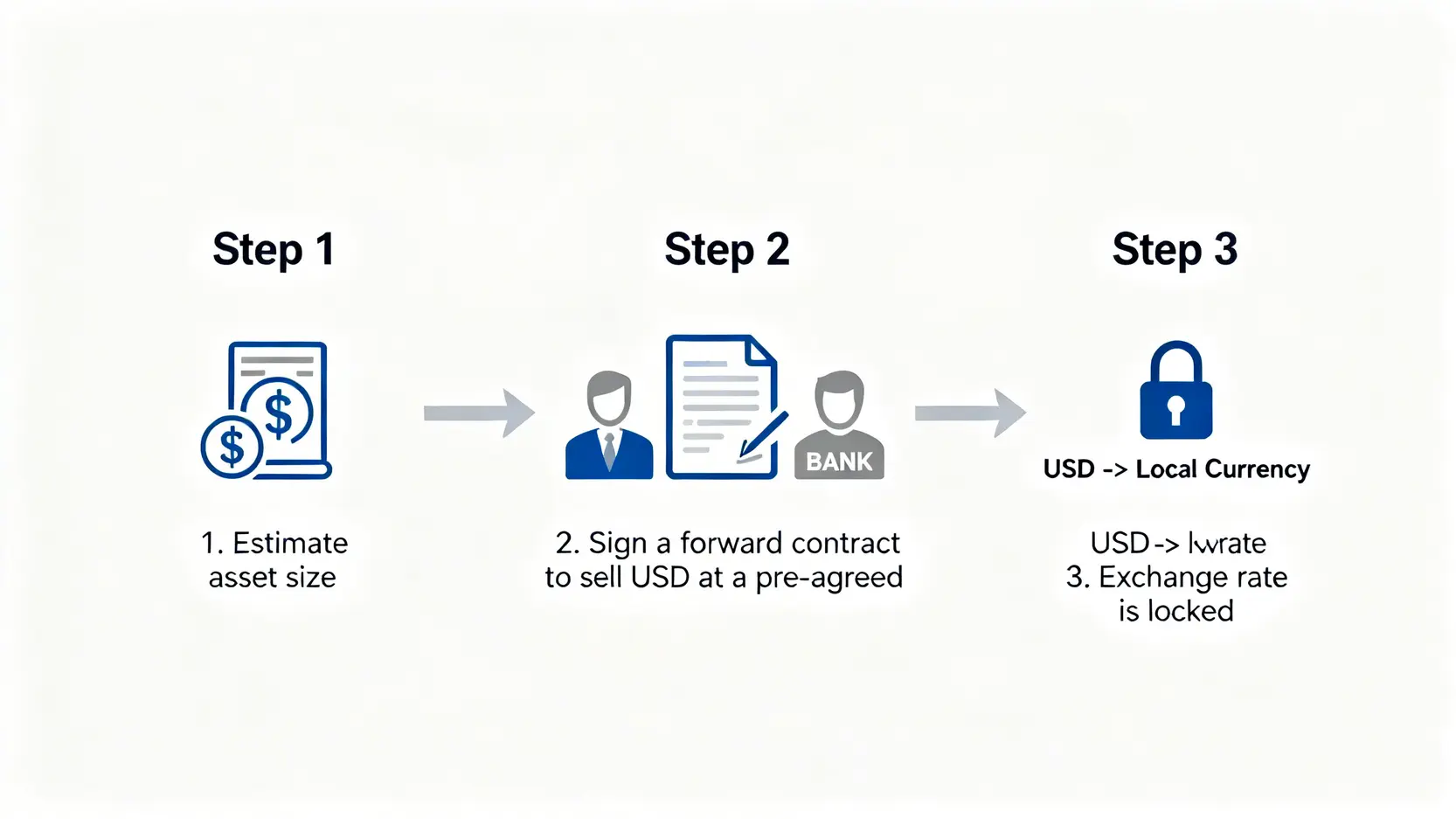 「基金對沖」是什麼?美元對沖基金新手指南,以摩根基金為例全解析 一張解釋匯率避險運作原理的三步驟流程圖,包含預估資產、簽訂遠期合約、鎖定匯率。