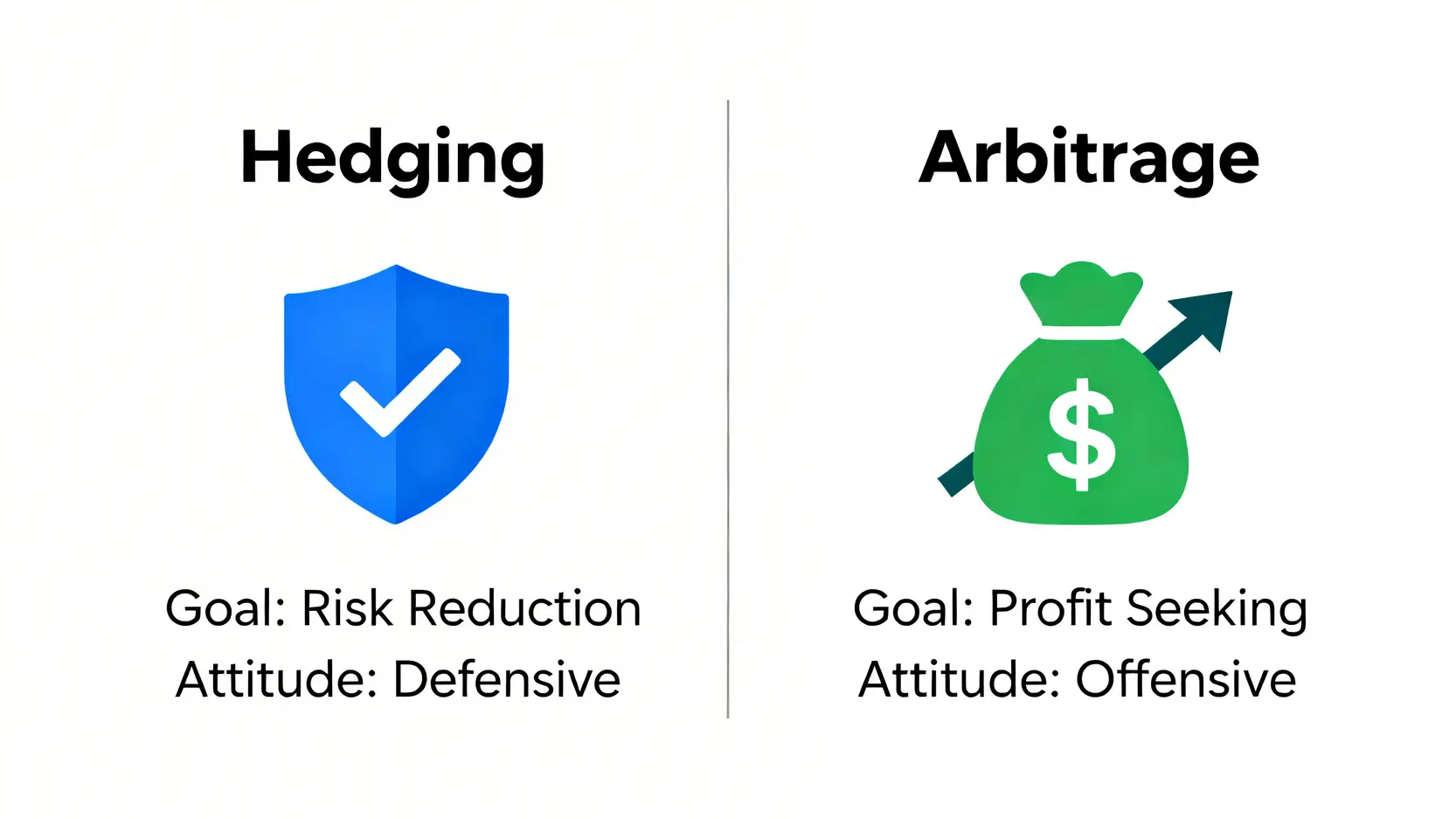 【金融避險教學】對沖意思是什麼?5大常用避險工具與策略一次看懂 一張對比圖,左邊是代表「對沖」的盾牌,強調降低風險;右邊是代表「套利」的錢袋,強調賺取利潤。