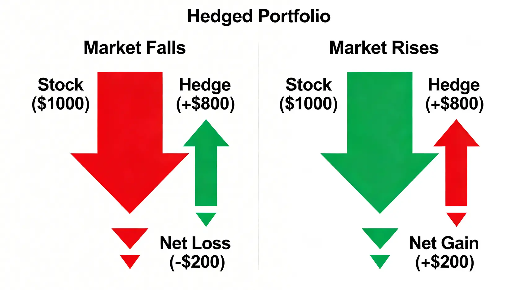 【金融避險教學】對沖意思是什麼?5大常用避險工具與策略一次看懂 一張示意圖展示對沖交易的兩種結果。市場下跌時,股票虧損被期貨獲利大部分抵銷,僅造成小額虧損。市場上漲時,股票獲利被期貨虧損部分抵銷,仍有小額獲利。