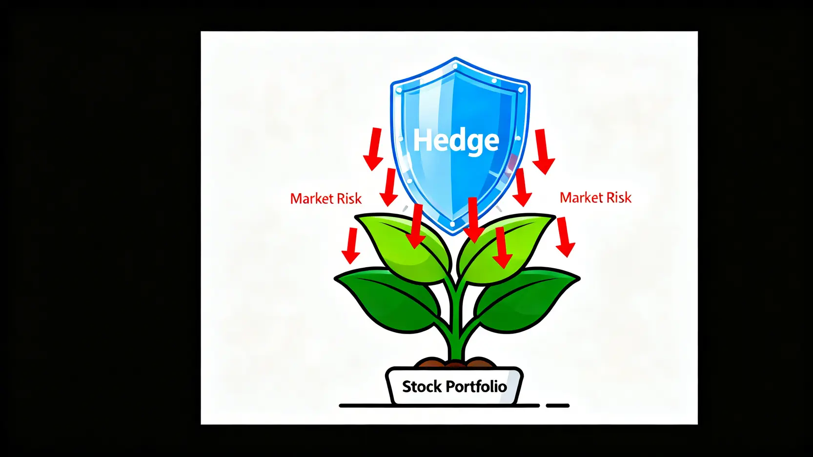 【金融避險教學】對沖意思是什麼?5大常用避險工具與策略一次看懂 一張概念圖,展示了一個盾牌(對沖)正在保護一棵成長中的植物(股票投資組合),抵禦來自上方的紅色風險箭頭。