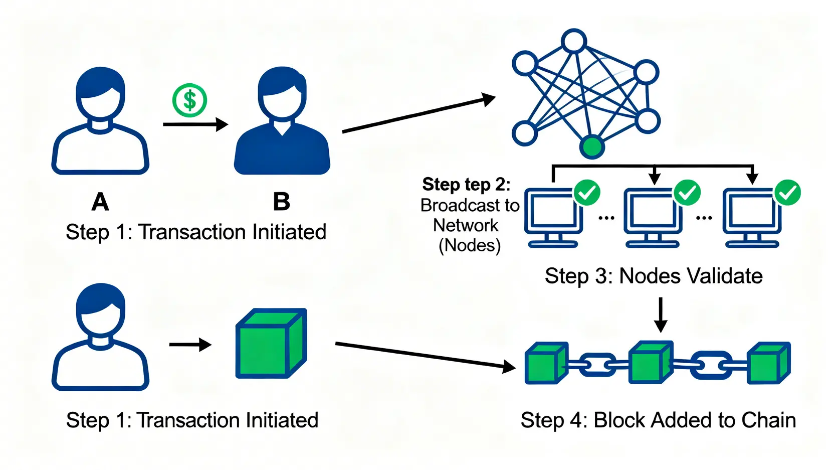 【加密貨幣入門教學】虛擬貨幣是什麼?一篇搞懂原理、種類與5大投資步驟 區塊鏈交易流程圖,展示一筆交易從發起到被節點驗證,最終打包成新區塊並加入到鏈上的四個步驟。