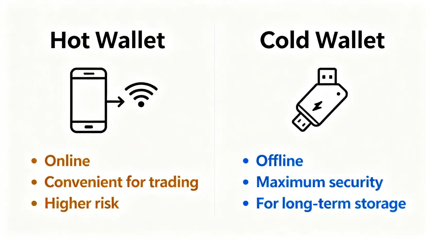 【加密貨幣入門教學】虛擬貨幣是什麼?一篇搞懂原理、種類與5大投資步驟 熱錢包與冷錢包的對比圖,左邊是連網、方便但風險較高的熱錢包,右邊是離線、安全但便利性較低的冷錢包。