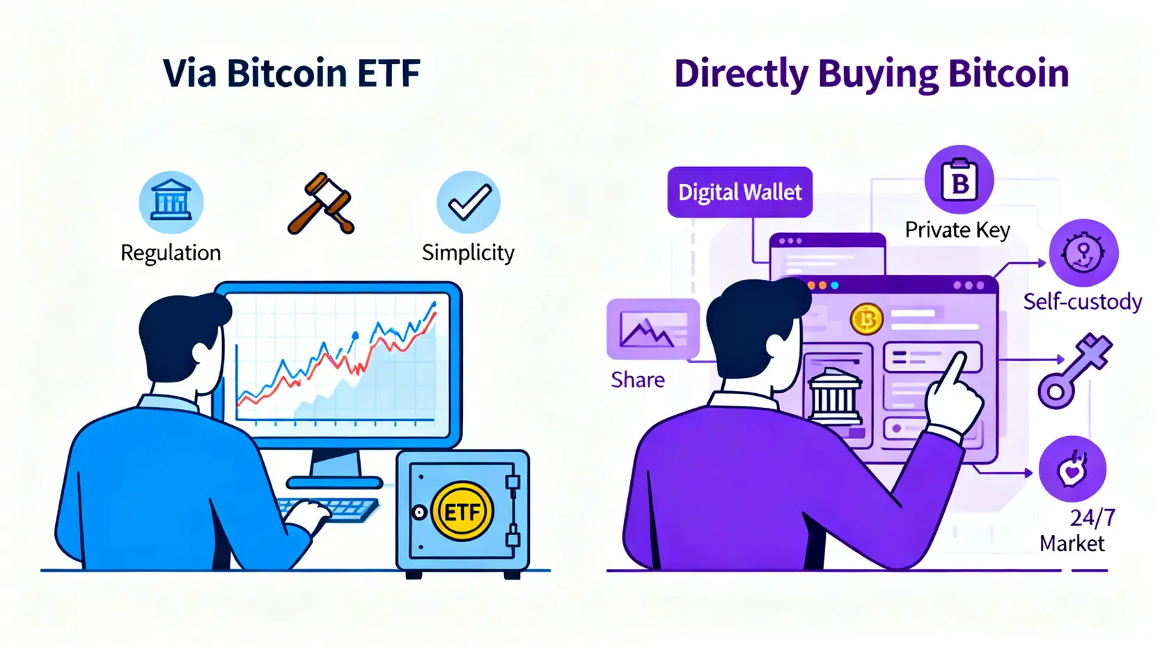 【2026台灣比特幣ETF購買指南】一篇搞懂!從開戶到下單,3大管道完整教學 投資比特幣ETF與直接購買比特幣的比較圖,左邊是透過券商交易受監管的ETF,右邊是自行管理錢包與私鑰。