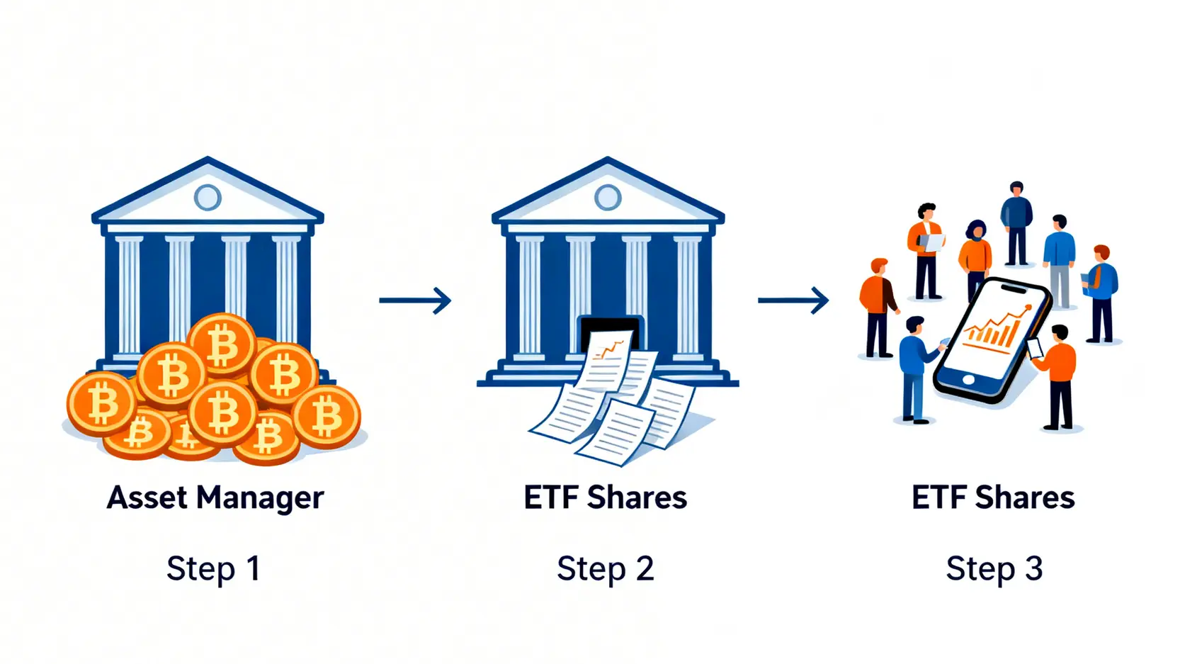 【2026台灣比特幣ETF購買指南】一篇搞懂!從開戶到下單,3大管道完整教學 比特幣ETF運作原理的三步驟流程圖,顯示資產管理公司購買比特幣後發行ETF份額,最後由投資人在證券交易所購買。