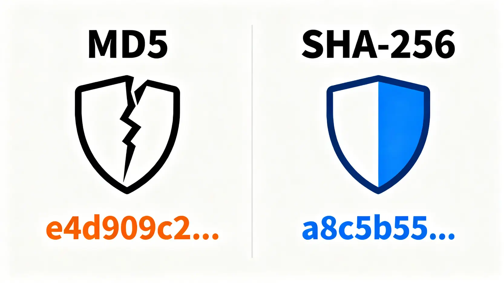 MD5是什麼?一篇搞懂MD5加密原理、安全性與3款線上加密工具推薦 MD5與SHA-256加密演算法的安全性與長度對比圖。