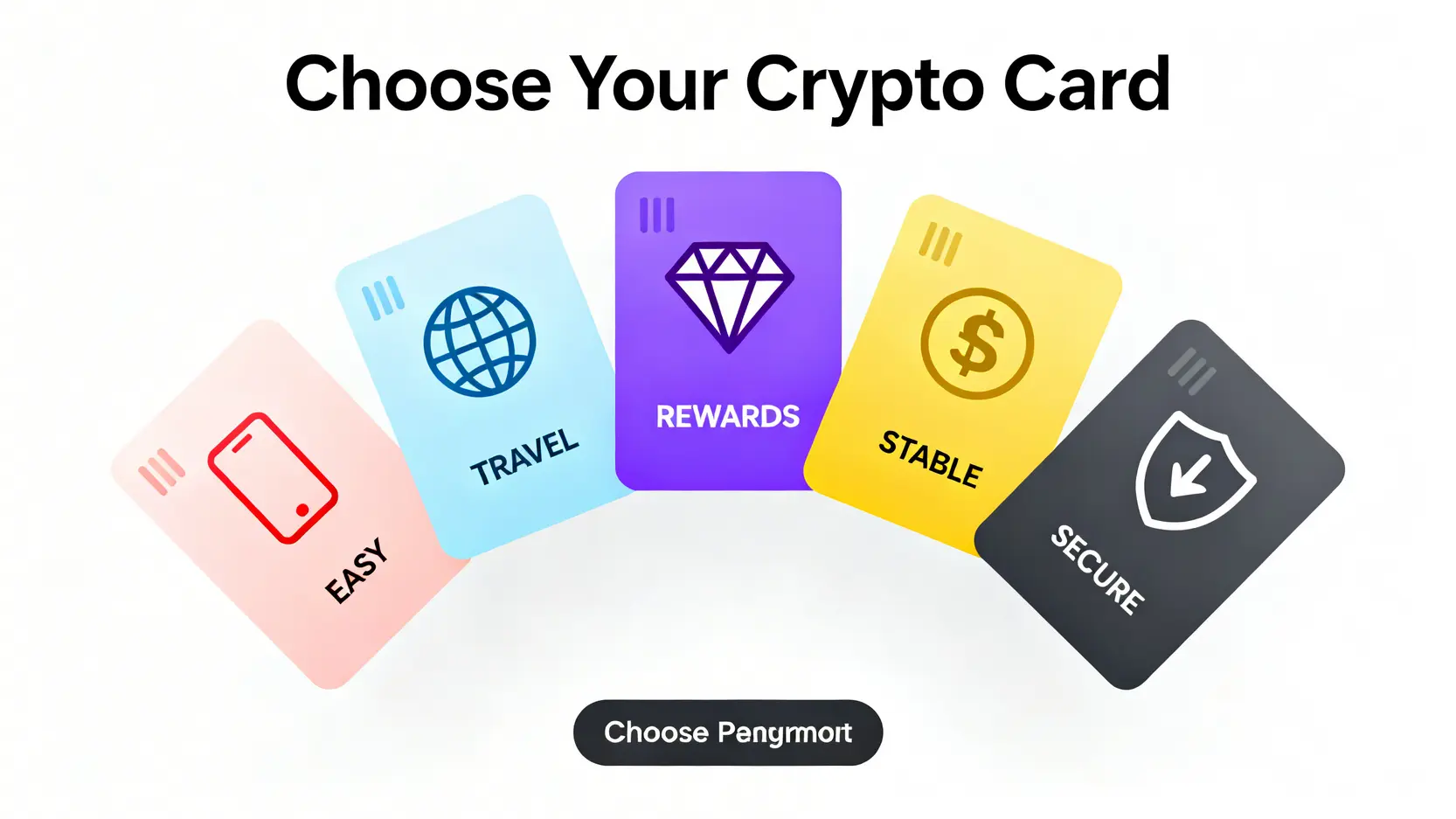 加密貨幣信用卡台灣5大推薦(2026)!一篇搞懂虛擬貨幣信用卡比較、回饋與幣安卡替代方案 五款推薦的加密貨幣信用卡特色概念圖,分別以手機支付、飛機、鑽石、穩定幣和盾牌圖案,代表其便利性、旅遊、高回饋、穩定幣支付和安全性等特點。