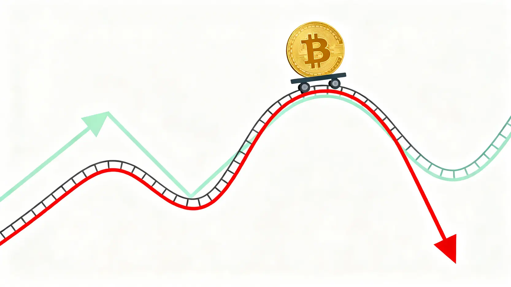加密貨幣風險完全指南:投資前必讀的5大虛擬貨幣缺點與自保策略 加密貨幣價格波動示意圖,以雲霄飛車軌道比喻劇烈的漲跌。