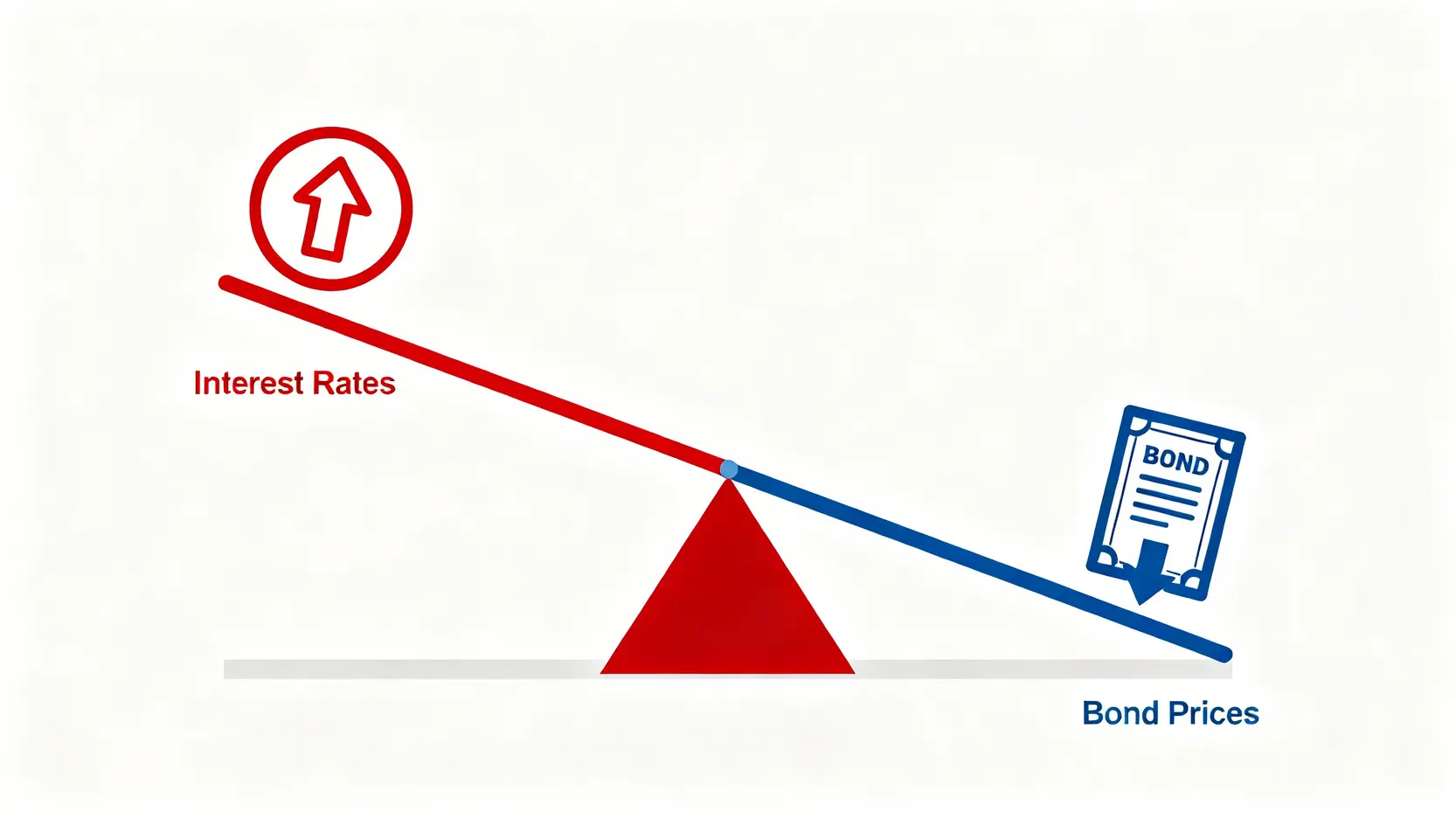 金融ETF投資指南:金融股vs金融債ETF比較,5檔高配息ETF推薦清單 利率與債券價格關係的翹翹板示意圖,顯示當利率上升時,債券價格下跌。