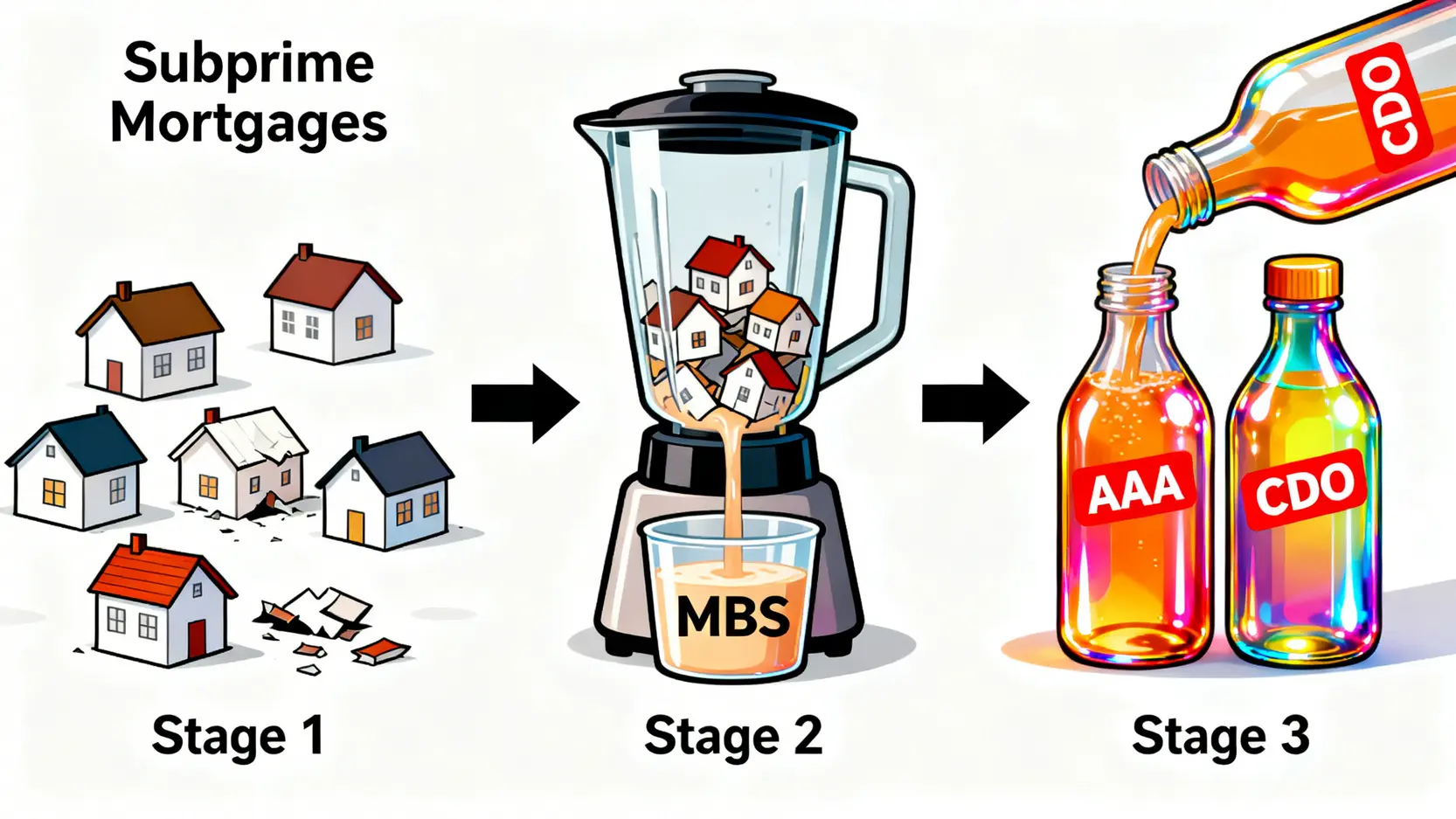 【金融危機懶人包】一次看懂金融海嘯原因、2008金融風暴影響與歷史教訓 次級房貸被打包成MBS和CDO金融商品的過程示意圖。