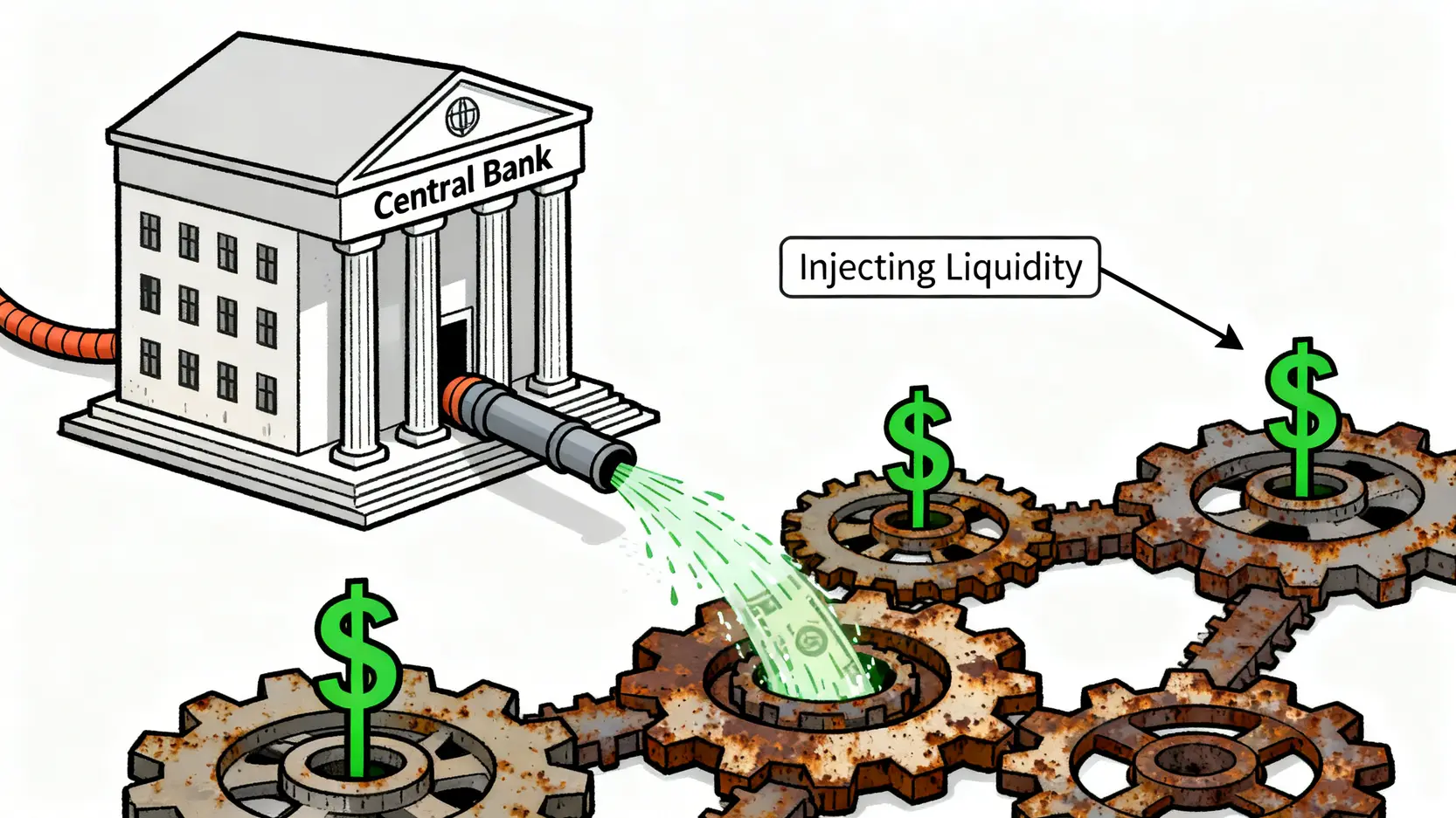 【金融危機懶人包】一次看懂金融海嘯原因、2008金融風暴影響與歷史教訓 量化寬鬆QE政策概念圖,顯示中央銀行向經濟體系注入資金。