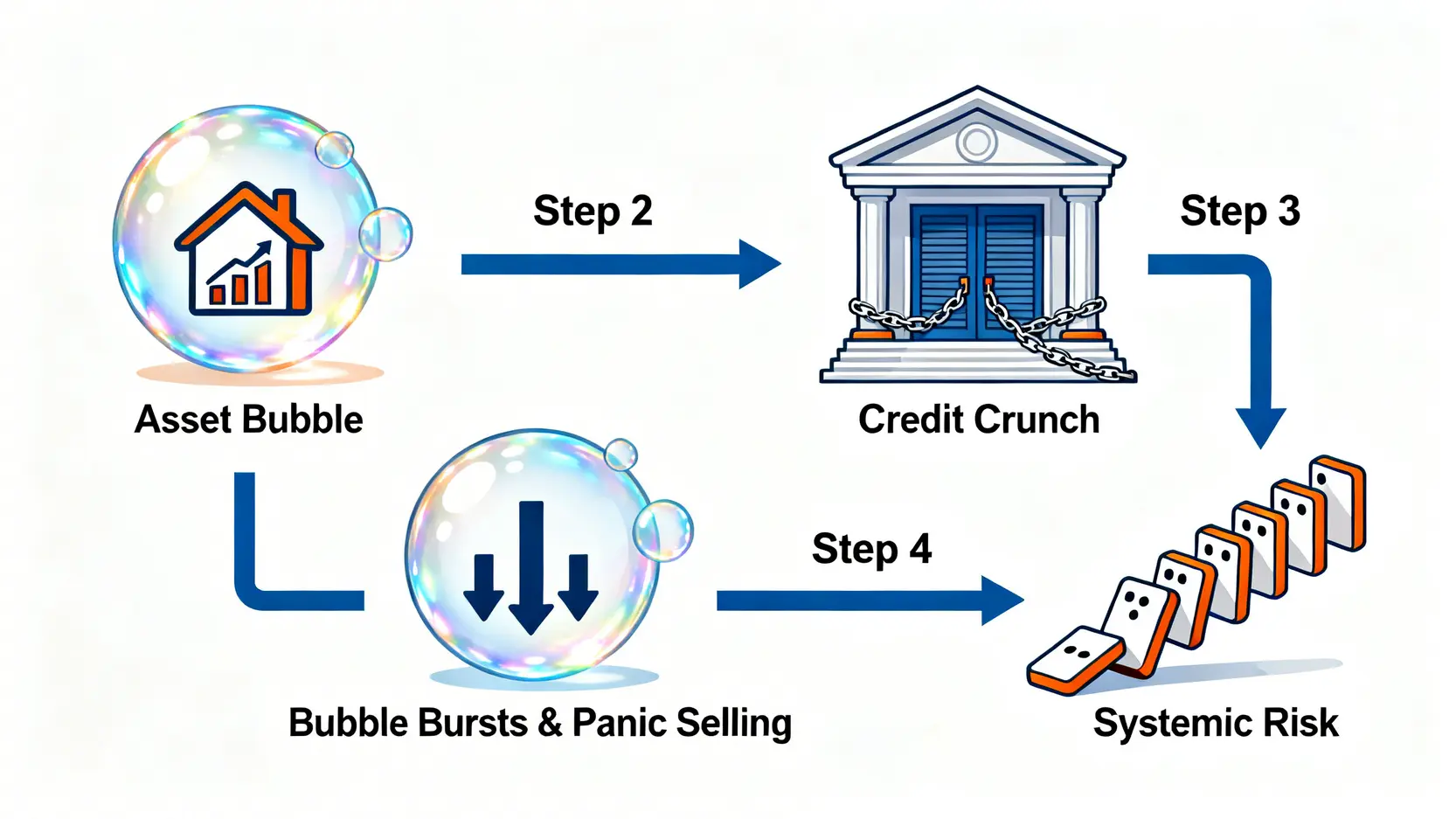 【金融危機懶人包】一次看懂金融海嘯原因、2008金融風暴影響與歷史教訓 金融危機四階段流程圖,從資產泡沫化到系統性風險的演變過程。