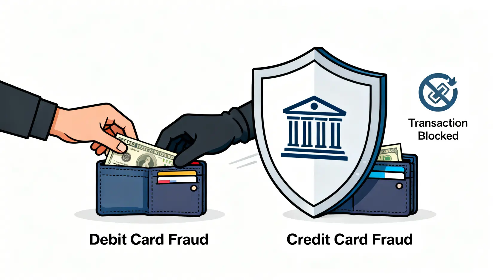 VISA金融卡是什麼?一篇看懂功能、優缺點與海外刷卡回饋 簽帳金融卡與信用卡盜刷風險比較圖,顯示金融卡盜刷是直接扣除存款,而信用卡盜刷是凍結信用交易。