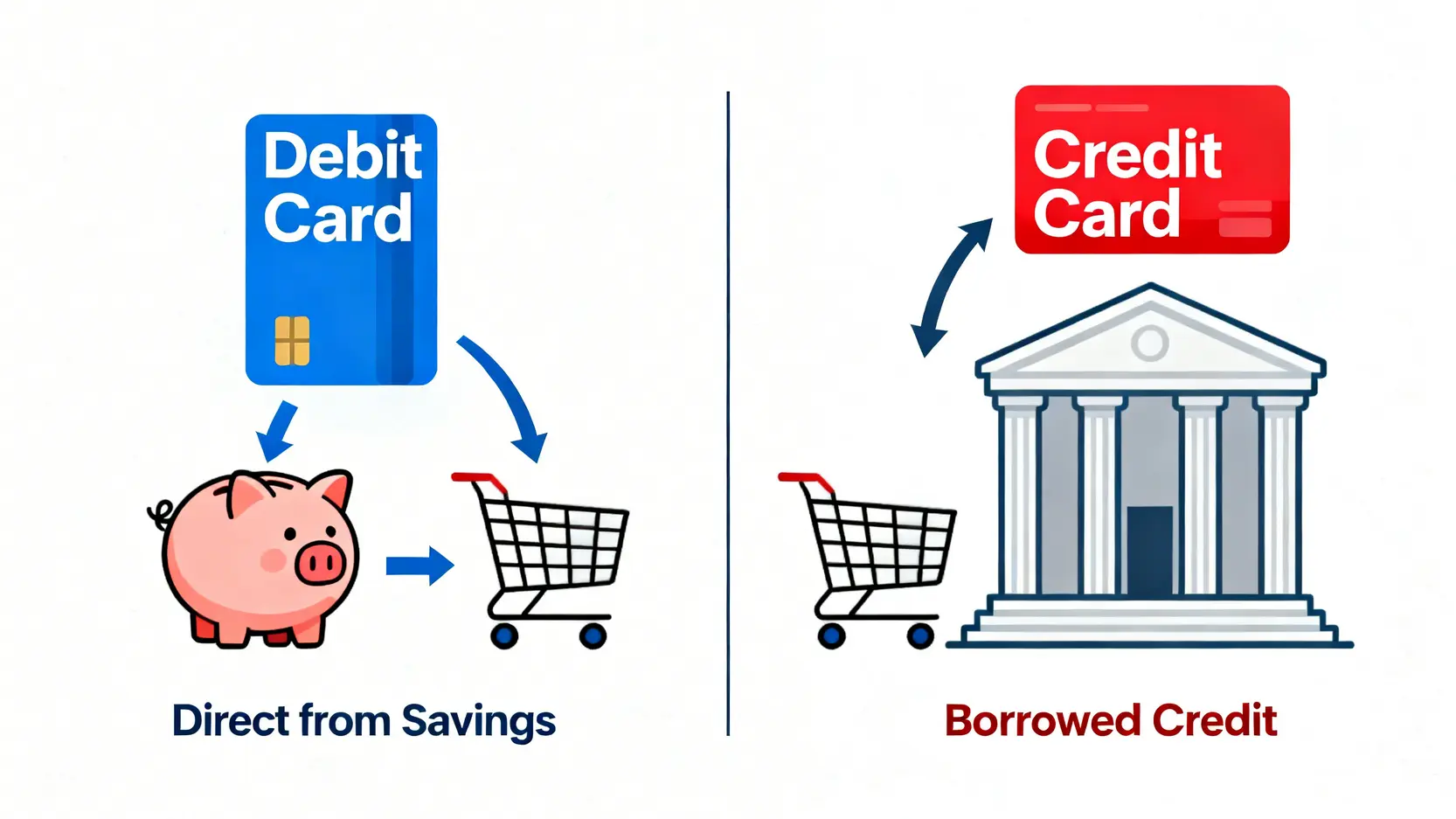 VISA金融卡是什麼?一篇看懂功能、優缺點與海外刷卡回饋 VISA金融卡與信用卡的差異圖解,顯示金融卡直接從存款帳戶扣款,而信用卡是使用銀行信用額度。