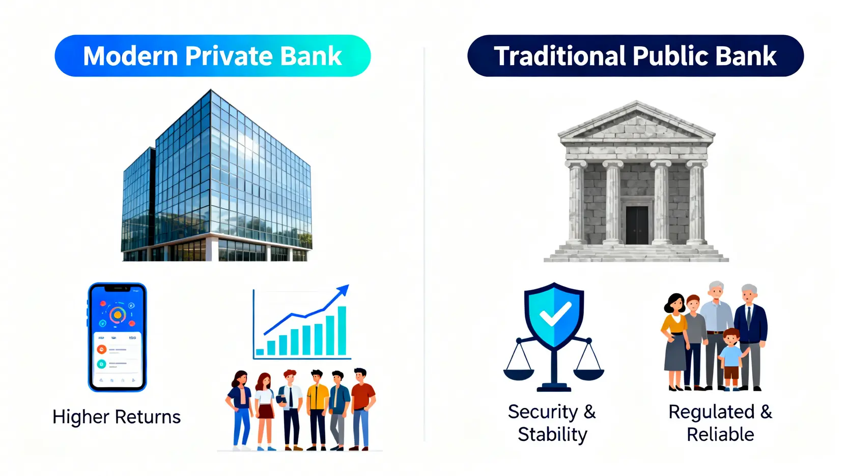 2026網路銀行推薦:富邦vs台銀實測,15家數位帳戶利率與APP功能比較 民營網銀與公股網銀的比較圖,左邊是現代化的民營銀行,右邊是穩健的公股銀行,對比其APP介面、利率與客群。