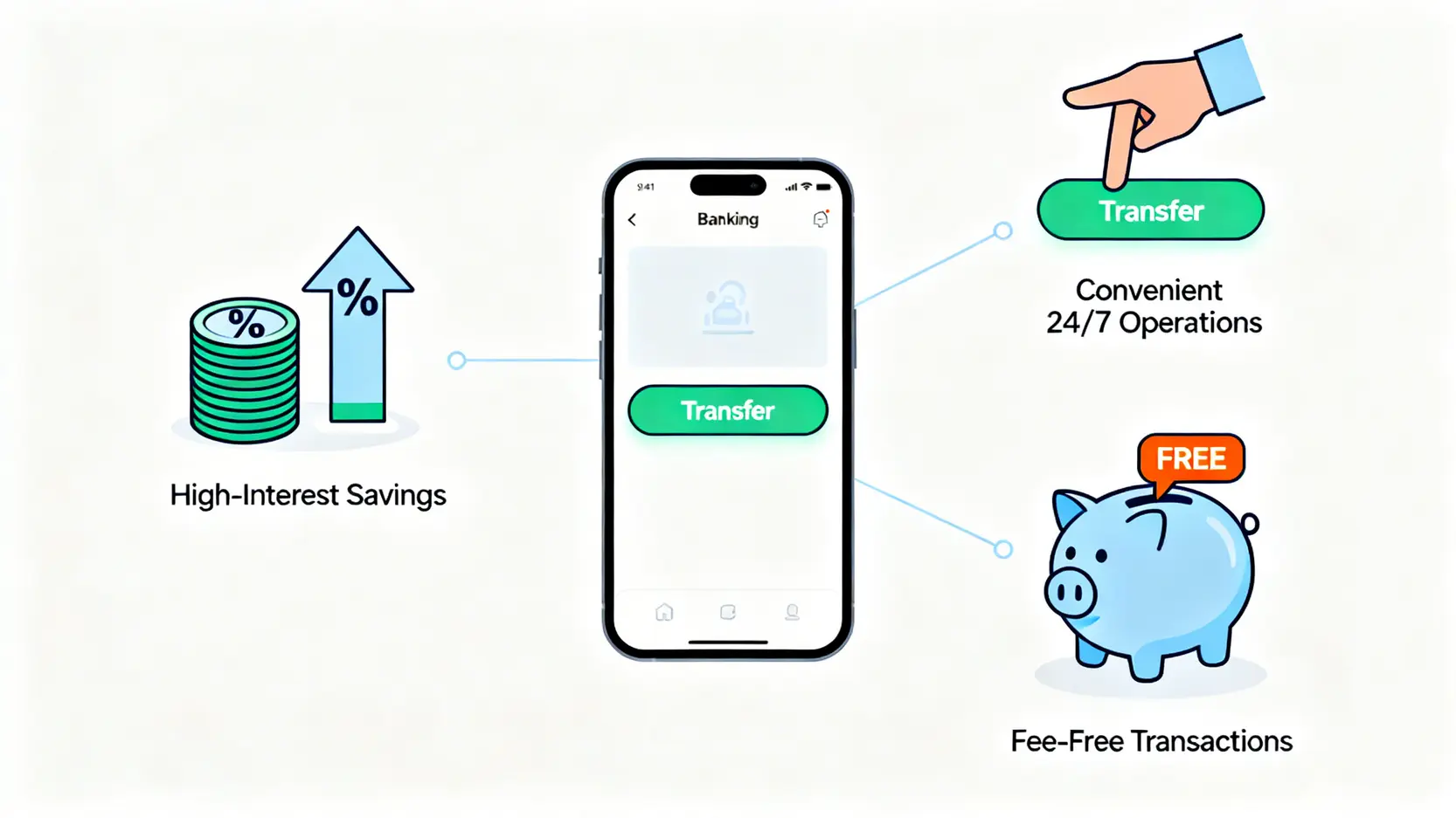 2026網路銀行推薦:富邦vs台銀實測,15家數位帳戶利率與APP功能比較 網路銀行的三大核心優勢圖解:高利率活存、便利的APP操作、以及跨行轉帳提款免手續費優惠。