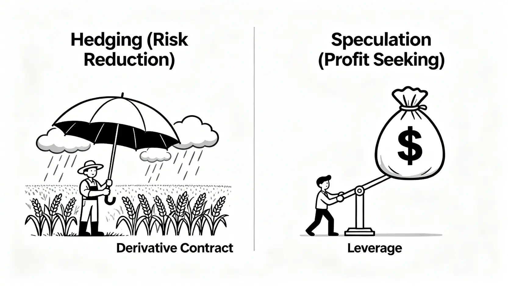 衍生性金融商品新手指南:一篇搞懂定義、種類與4大投資風險 一張對比圖,左邊顯示避險者用衍生性商品作為保護傘降低風險,右邊顯示投機者用衍生性商品作為槓桿放大獲利。