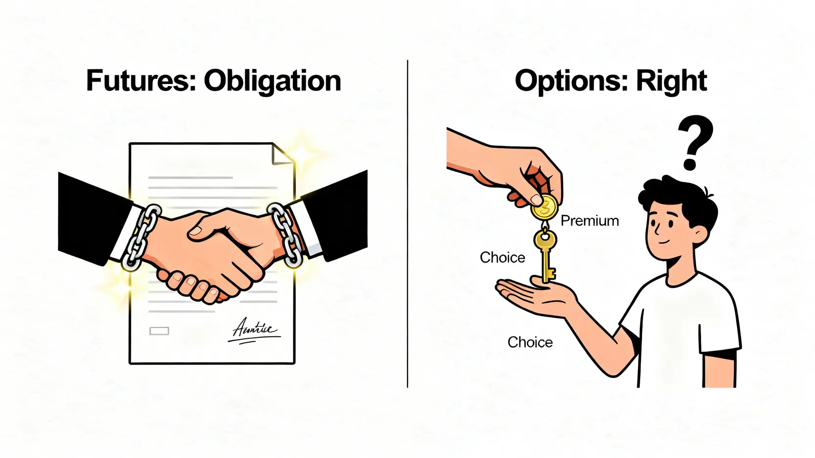 衍生性金融商品新手指南:一篇搞懂定義、種類與4大投資風險 期貨與選擇權的差異圖解:左邊期貨是雙方必須履行的合約,右邊選擇權是買方支付權利金獲得的選擇權利。