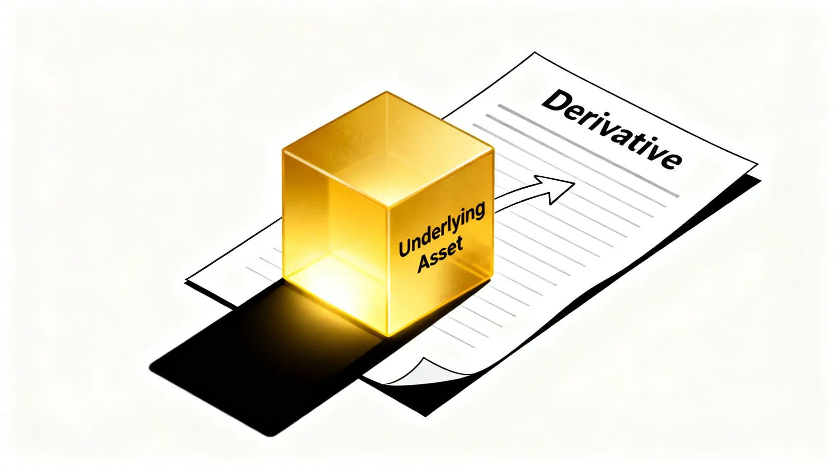 衍生性金融商品新手指南:一篇搞懂定義、種類與4大投資風險 一張概念圖,說明衍生性金融商品的價值源自於其標的資產,圖中一個實體資產投影出一個合約的影子。