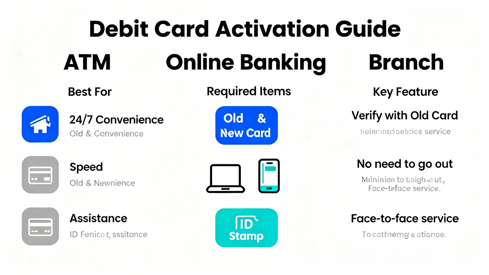 金融卡開卡完全指南:ATM、網路銀行、臨櫃啟用方式一次看懂 一張對比圖,比較ATM、網路銀行、臨櫃辦理三種金融卡開卡方式的適用情境、所需物品與優點。
