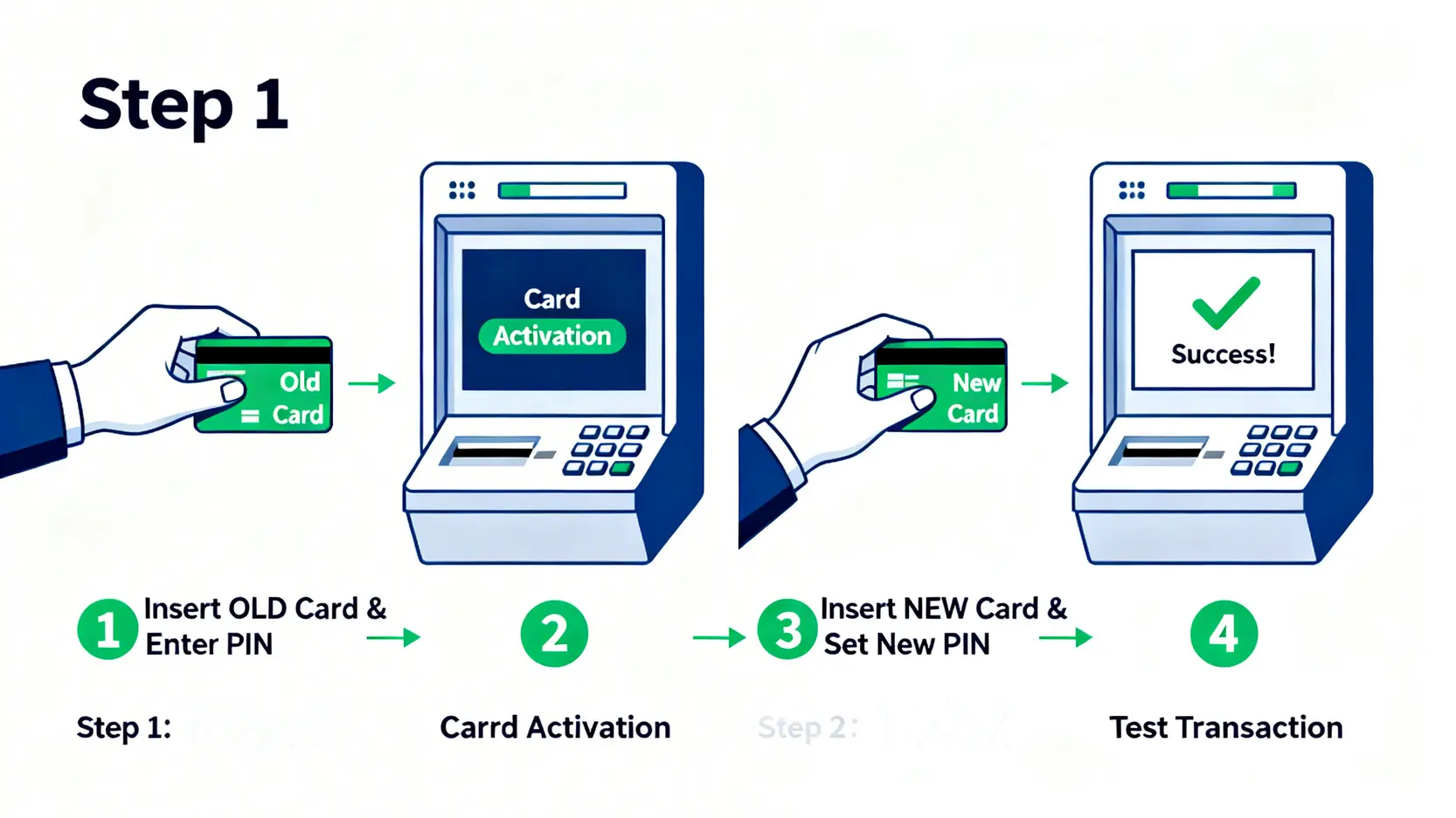 金融卡開卡完全指南:ATM、網路銀行、臨櫃啟用方式一次看懂 ATM金融卡開卡流程圖,展示插入舊卡、選擇開卡服務、換插新卡設定密碼、完成測試的四個步驟。