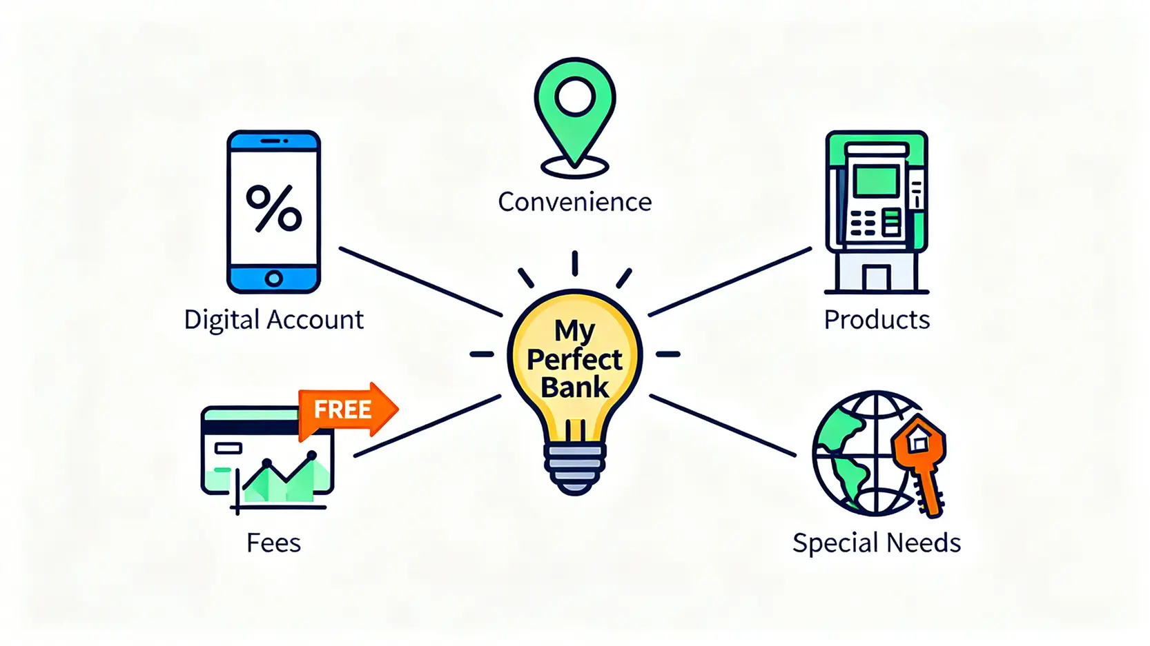 【2026台灣銀行排名】開戶銀行如何選擇?官股與民營銀行優缺點一篇看懂! 選擇開戶銀行的五大考量重點示意圖,包含數位帳戶優惠、分行ATM便利性、信用卡理財產品、手續費以及特殊需求。