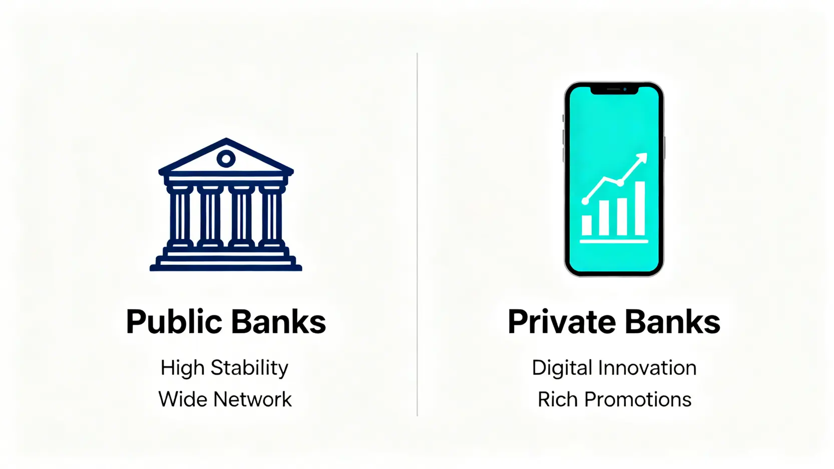 【2026台灣銀行排名】開戶銀行如何選擇?官股與民營銀行優缺點一篇看懂! 官股銀行與民營銀行的優缺點對比圖,左邊是象徵穩定的官股銀行,右邊是象徵創新的民營銀行。