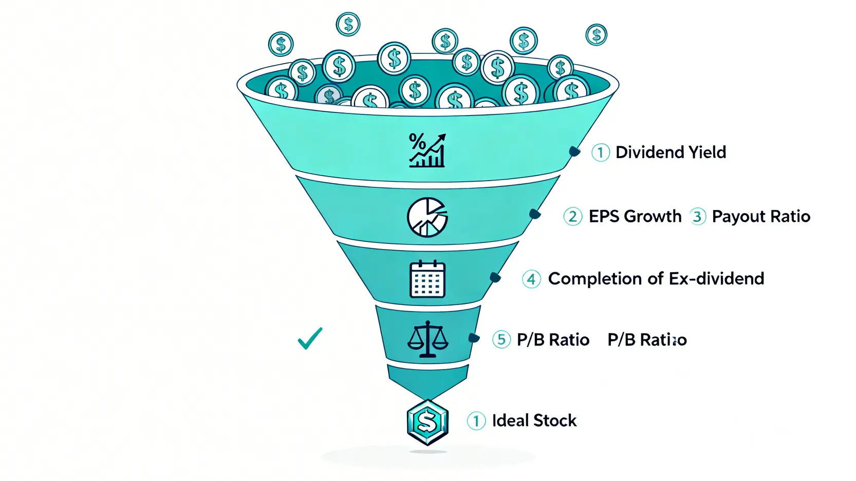 【2026金融股推薦】15檔高股息存股清單!配息、殖利率、選股教學一次看 挑選優質高股息金融股的五大關鍵指標篩選流程圖。