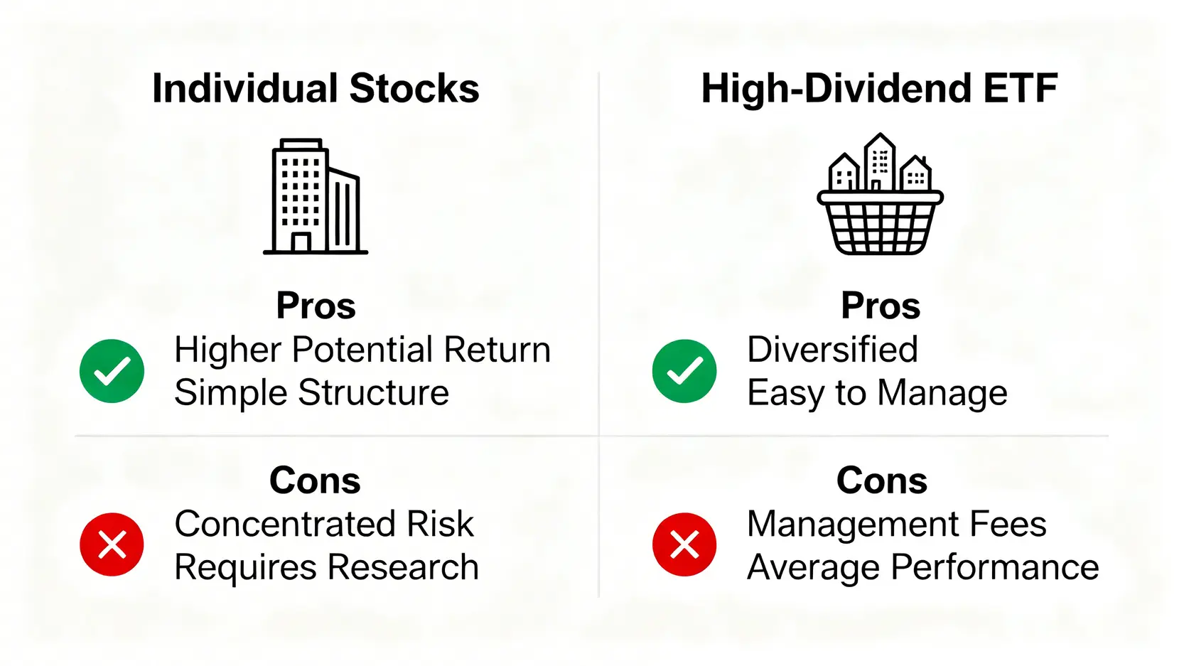 【2026金融股推薦】15檔高股息存股清單!配息、殖利率、選股教學一次看 存個股金融股與存高股息ETF的優缺點對比圖。
