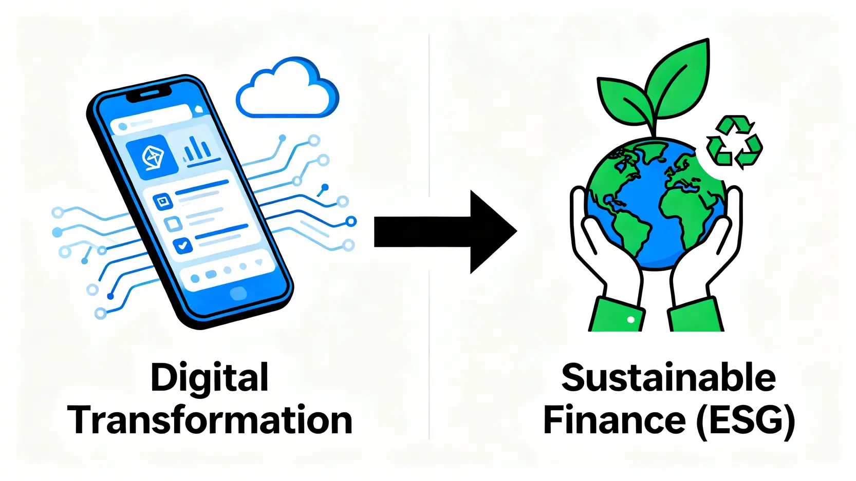 國泰金控完全指南:一篇搞懂國泰世華銀行、國泰人壽等核心子公司業務 國泰金控的兩大核心經營理念:數位轉型與永續金融。左側為科技圖示,右側為環保與社會責任圖示。