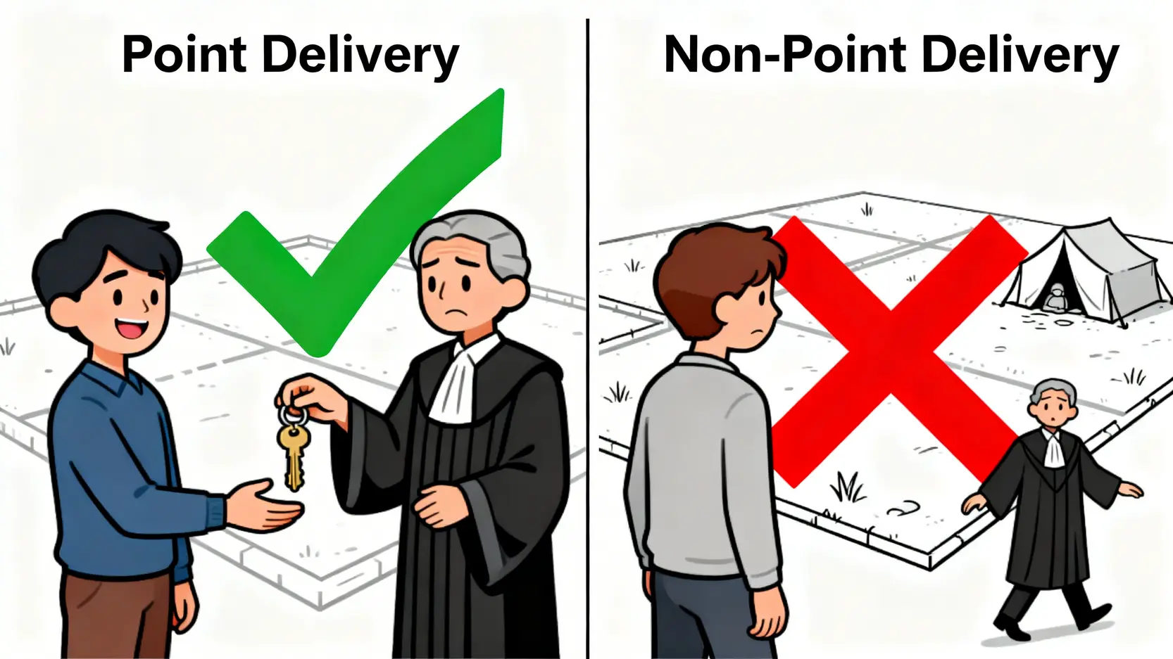 法拍土地購買全攻略:從查詢系統到風險評估5步驟搞定低價好地 法拍土地點交與不點交的差異對比圖,顯示點交有法院協助清空,不點交需自行處理佔用問題。