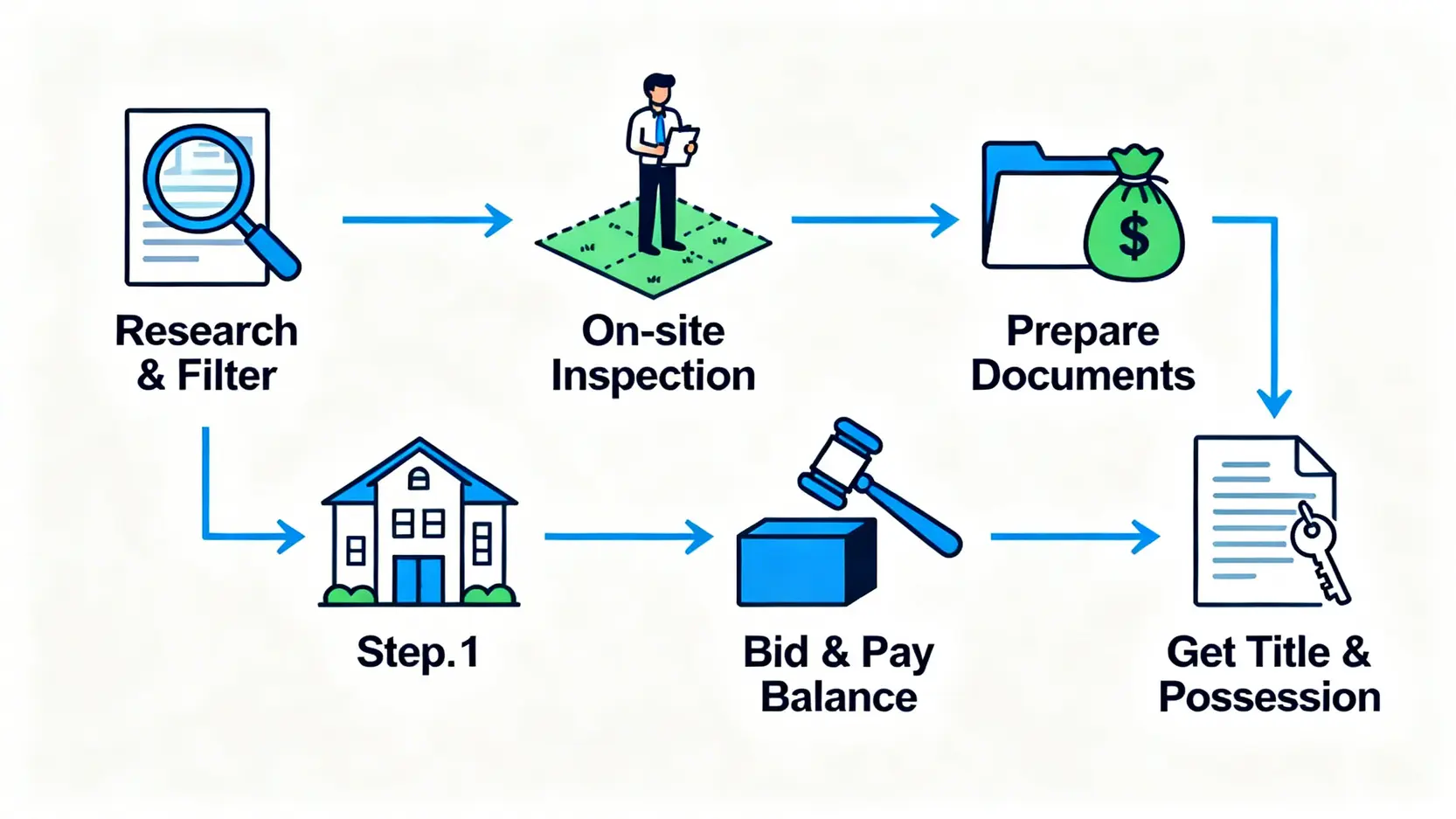 法拍土地購買全攻略:從查詢系統到風險評估5步驟搞定低價好地 購買法拍土地的五個步驟流程圖,包含資料蒐集、現場勘查、準備投標、得標付款與取得權狀。