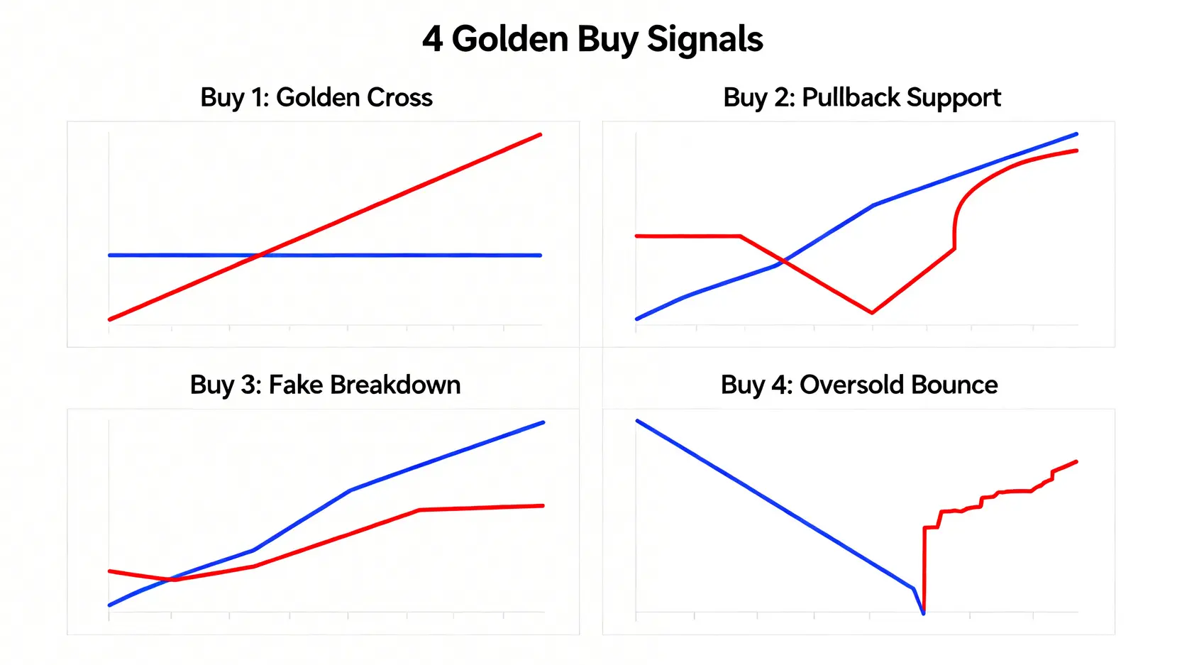 葛蘭碧八大法則圖解教學:8大買賣訊號讓你秒懂均線秘密 葛蘭碧八大法則的四個黃金買進訊號圖解,包含黃金交叉、回檔支撐、假跌破與極端乖離反彈。