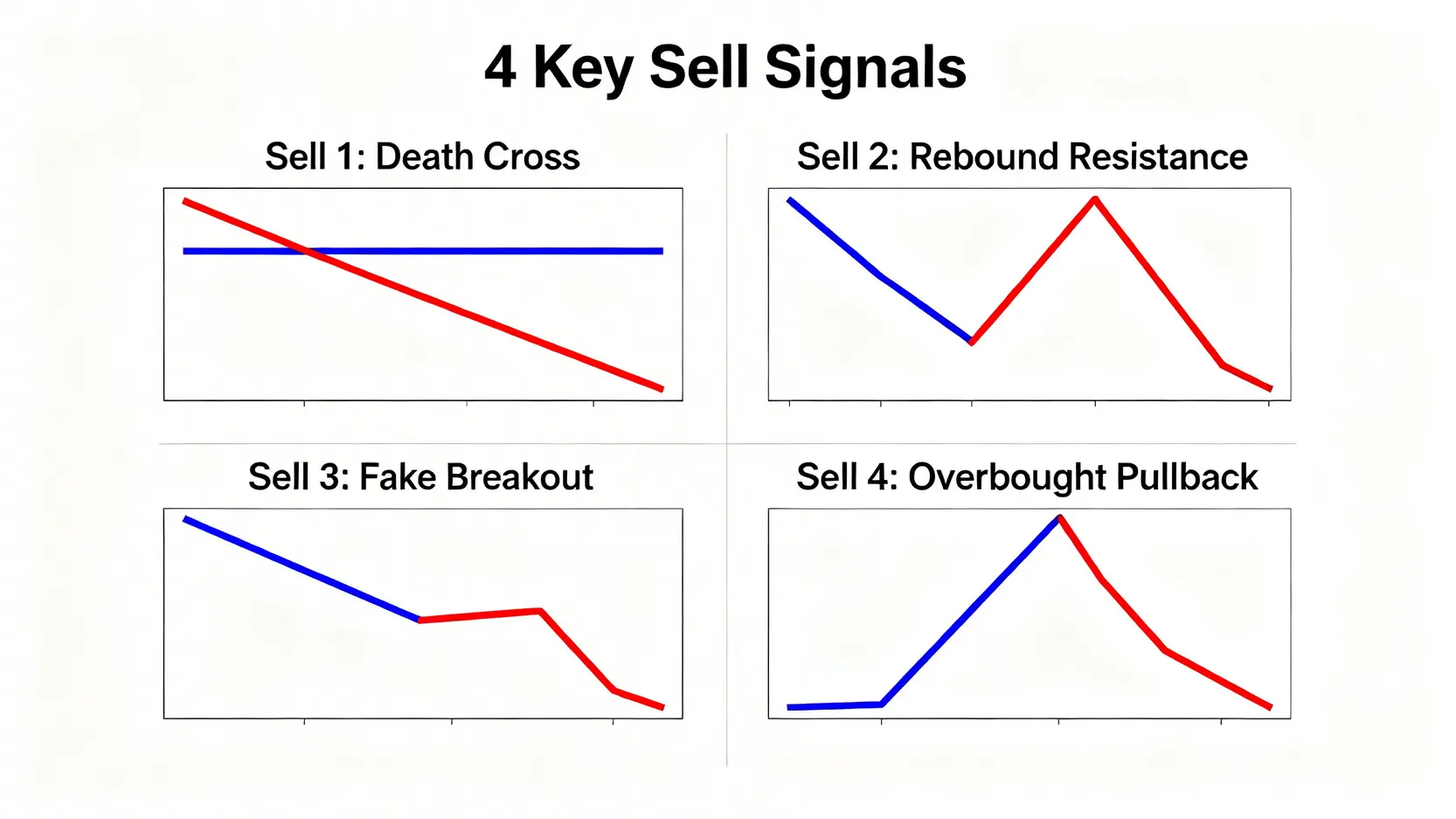 葛蘭碧八大法則圖解教學:8大買賣訊號讓你秒懂均線秘密 葛蘭碧八大法則的四個關鍵賣出訊號圖解,包含死亡交叉、反彈壓力、假突破與極端乖離回檔。