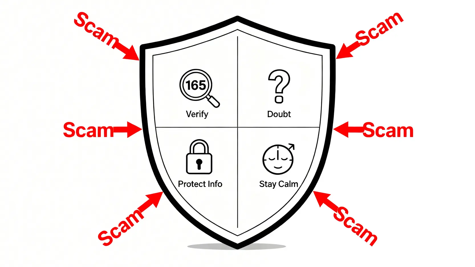 金融詐騙手法全解析:5大常見類型與投資詐騙自救SOP 一個盾牌象徵金融詐騙的四大預防心法:查證、懷疑、保護個資、保持冷靜。