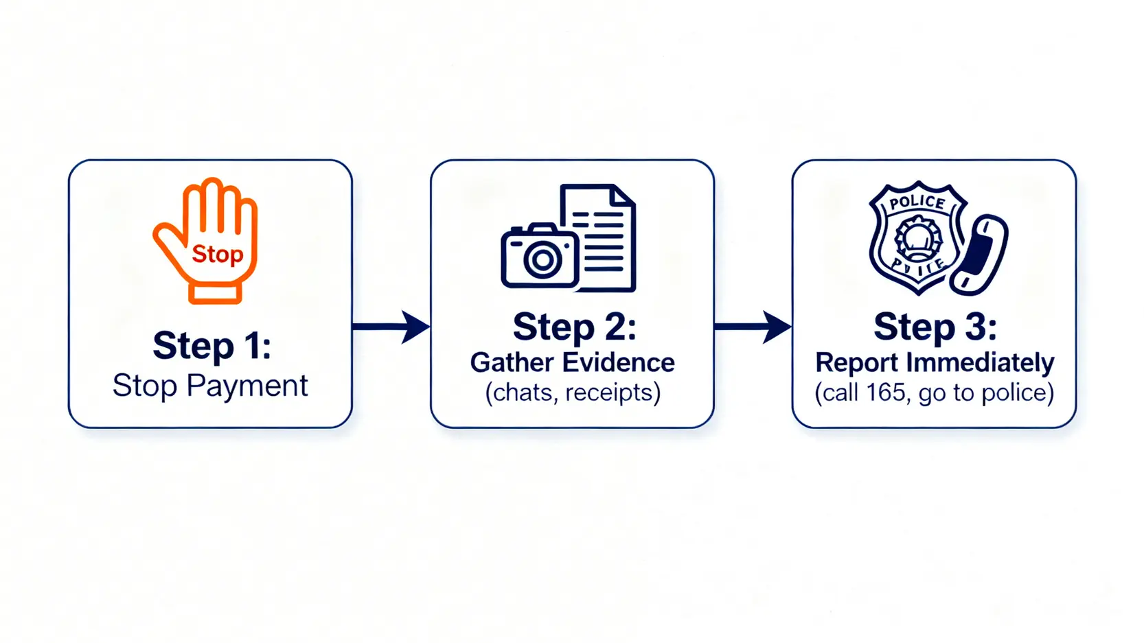 金融詐騙手法全解析:5大常見類型與投資詐騙自救SOP 投資詐騙自救流程圖,包含三個步驟:停止付款、蒐集證據、立即報案。