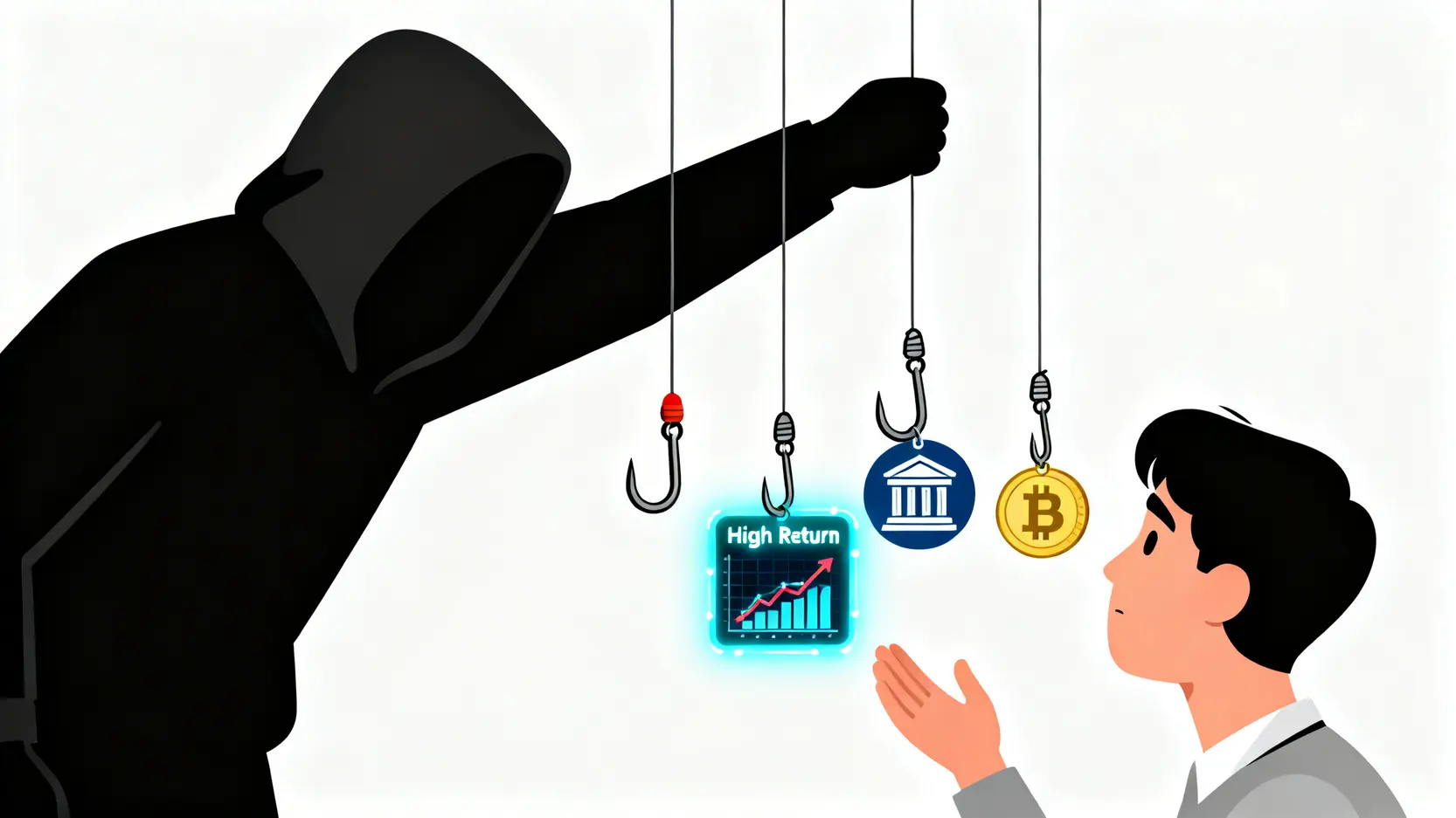 金融詐騙手法全解析:5大常見類型與投資詐騙自救SOP 五種常見金融詐騙手法的概念圖,顯示一個詐騙犯用不同誘餌引誘受害者。