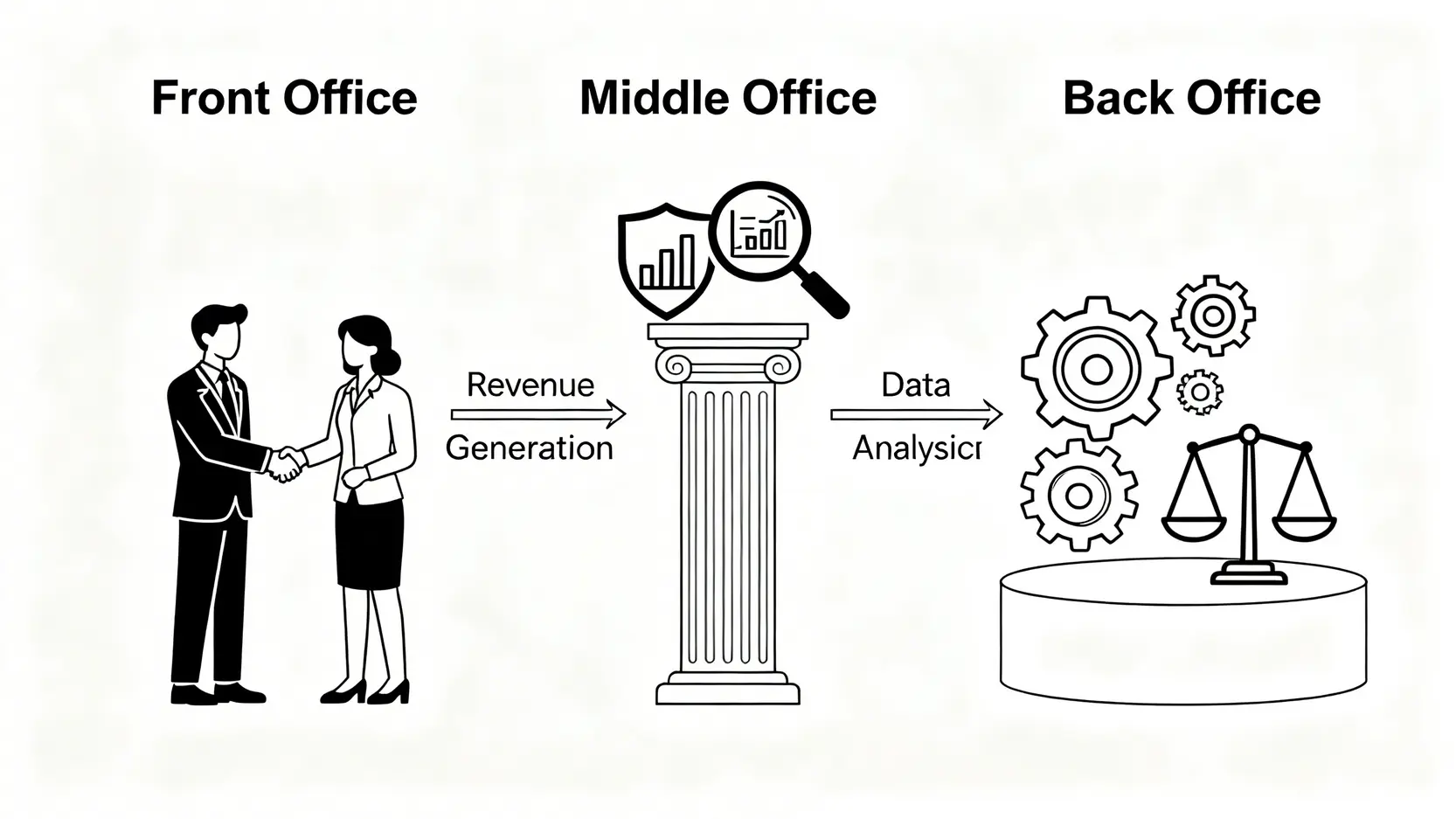 2026台灣金融業求職全攻略:薪水待遇、工作內容、必備條件一次看懂 金融業組織架構圖,說明前台、中台與後台的職責與關係。