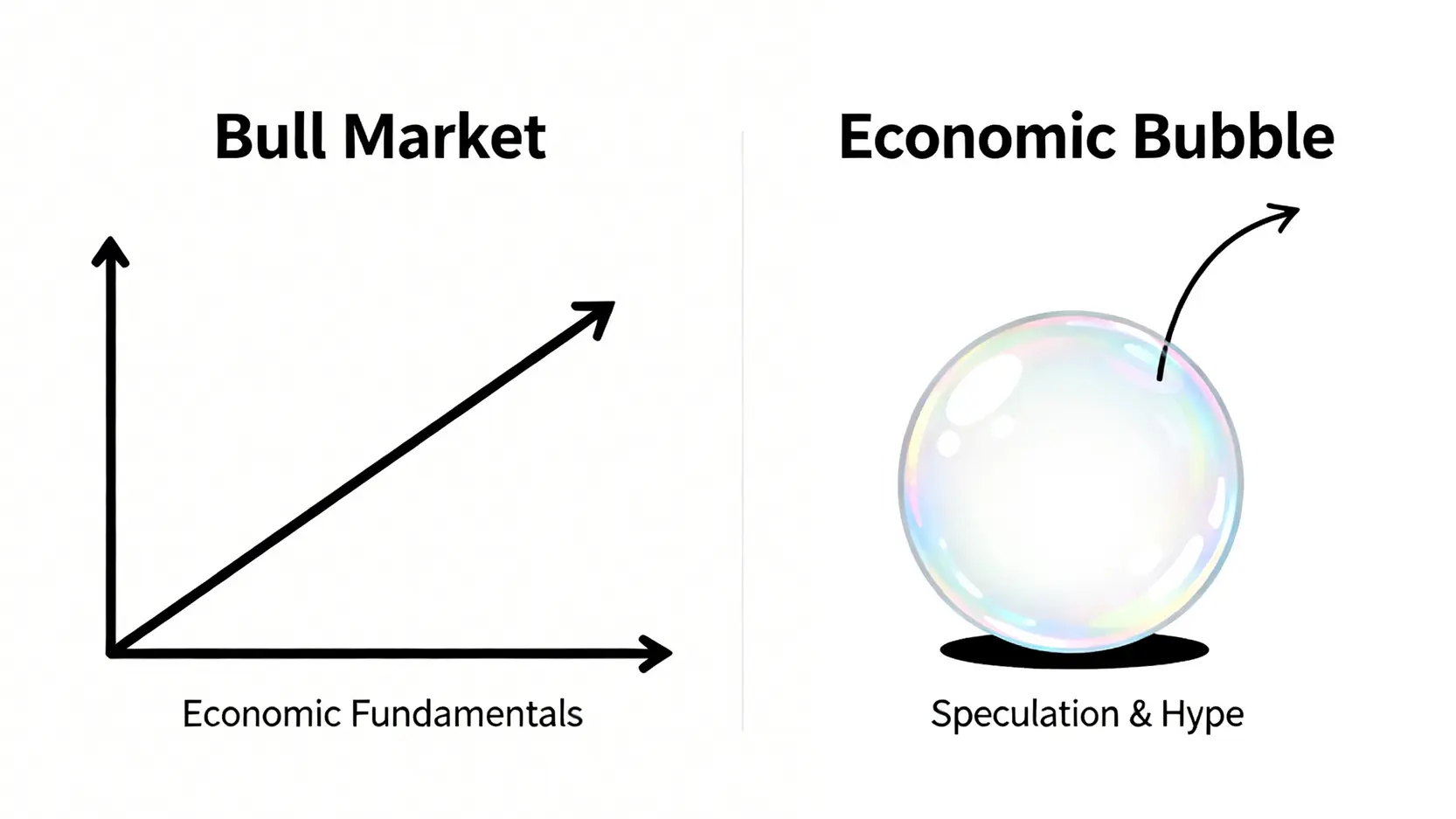經濟泡沫是什麼?從歷史3大教訓到5大判斷指標的完整指南 一張對比圖,左邊是健康的牛市,價格基於經濟基本面穩定上漲;右邊是經濟泡沫,價格在投機與炒作下呈現不可持續的拋物線式飆漲。