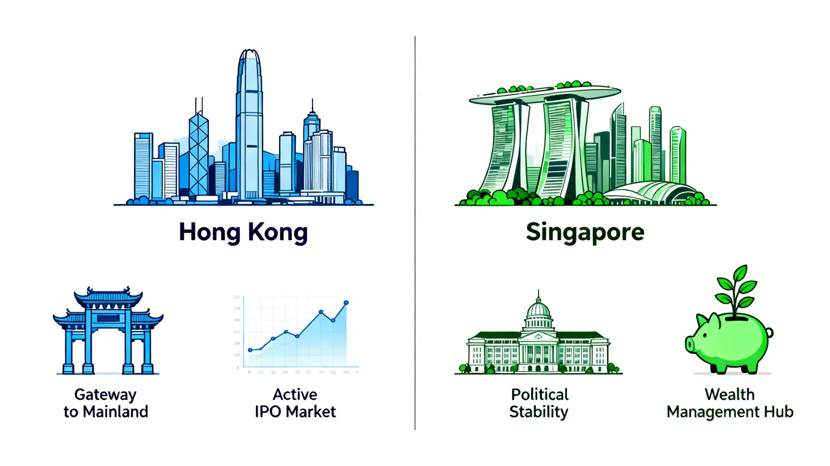全球金融中心排名解密:一篇看懂國際金融市場、華爾街與瑞士銀行 一張對比圖,左邊是香港的金融優勢,如作為中國門戶和活躍IPO市場;右邊是新加坡的優勢,如政治穩定和財富管理中心。