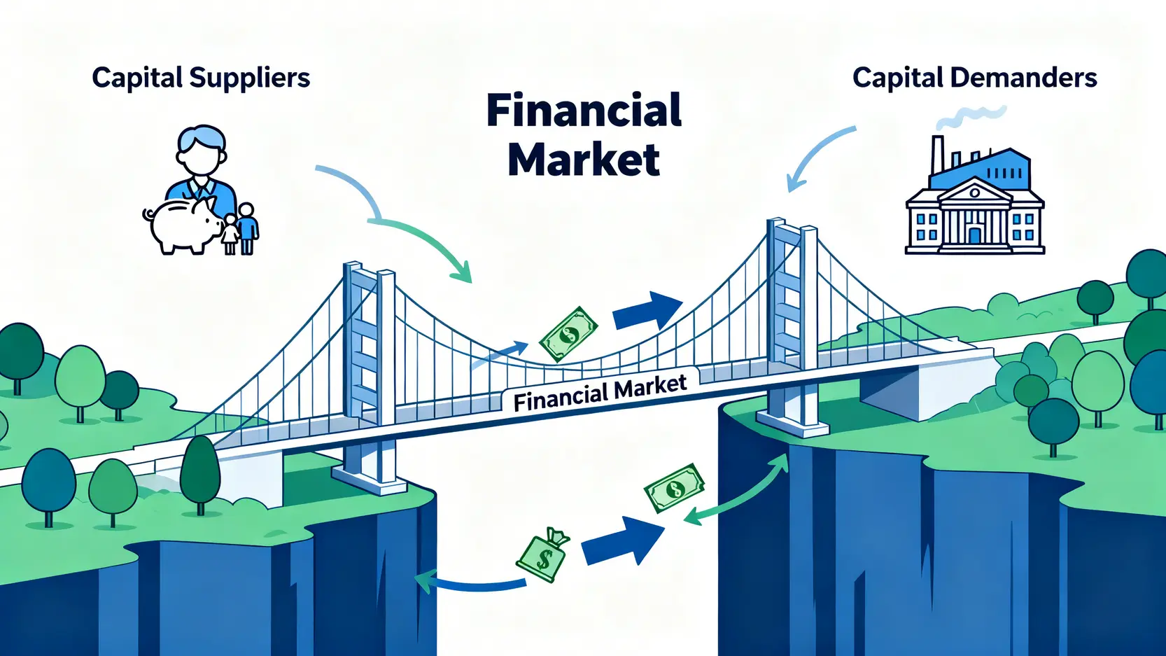 金融市場是什麼?一篇搞懂五大分類與國際市場運作(新手指南) 金融市場核心概念圖,展示市場作為資金供給者與需求者之間的橋樑。