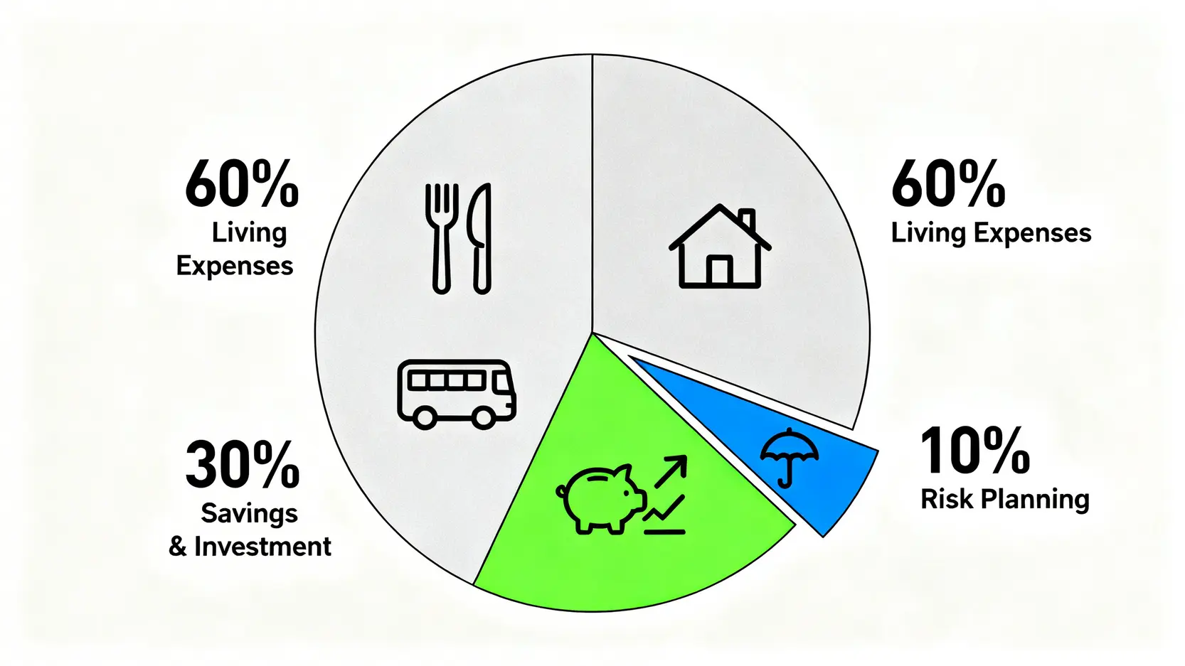 理財入門懶人包:5步驟搞懂個人理財規劃,小資族也能無痛存到第一桶金! 一張圓餅圖解釋631理財法則,將收入分為60%生活開銷、30%儲蓄投資和10%風險規劃三個部分。