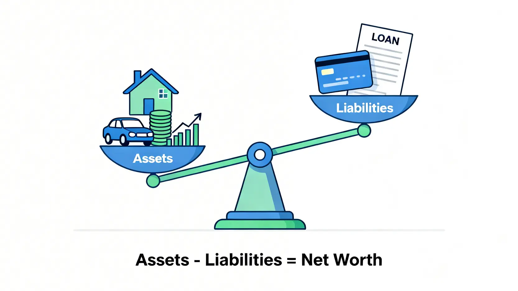 理財入門懶人包:5步驟搞懂個人理財規劃,小資族也能無痛存到第一桶金! 一個天秤圖,左邊放著代表資產的房子和金錢圖示,右邊放著代表負債的信用卡圖示,說明淨資產等於總資產減去總負債。