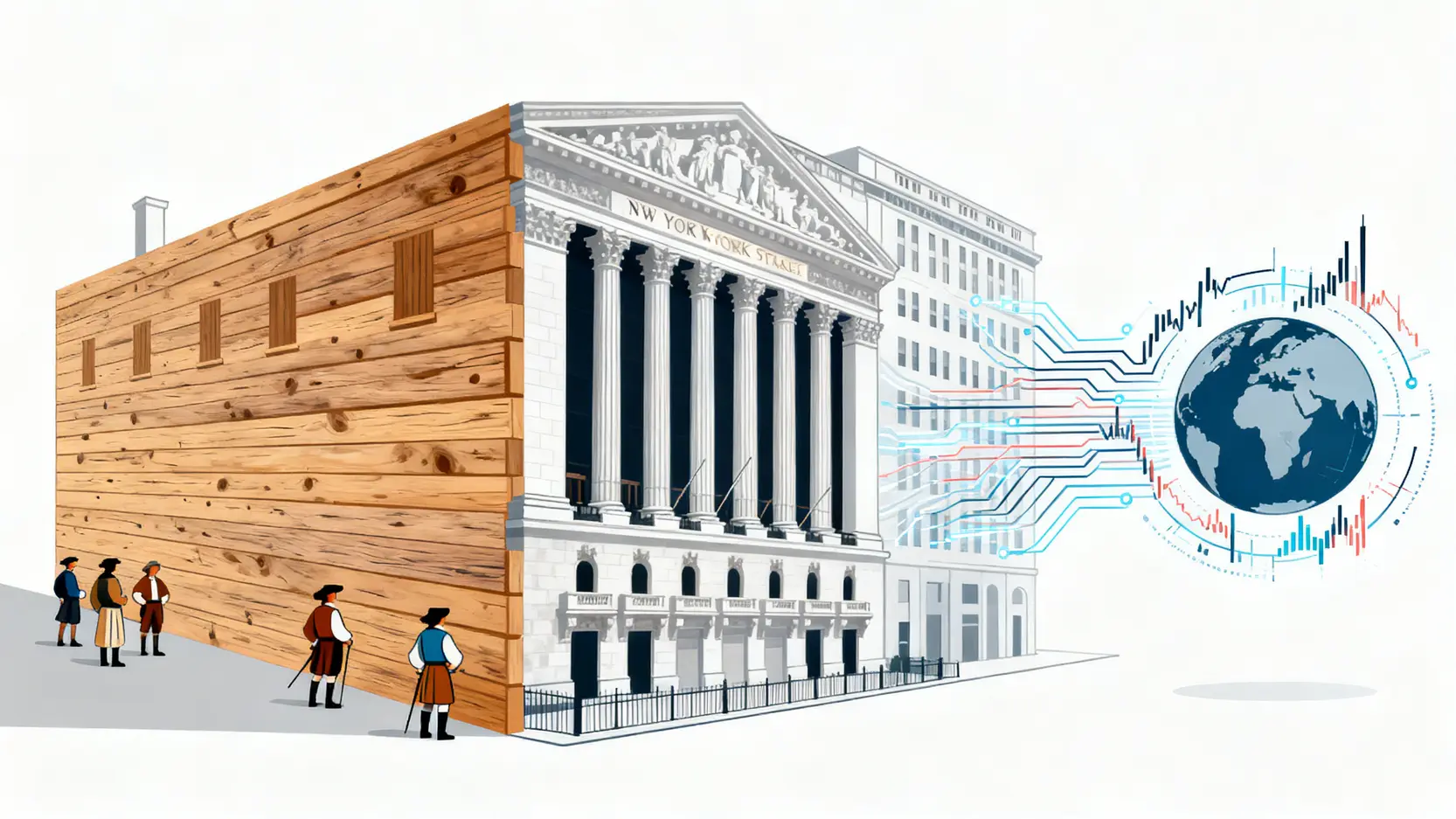 華爾街是什麼?一篇看懂美國金融中心的崛起與百年金融史 一張示意圖,展示華爾街從17世紀的實體木牆演變為現代全球金融中心的過程。
