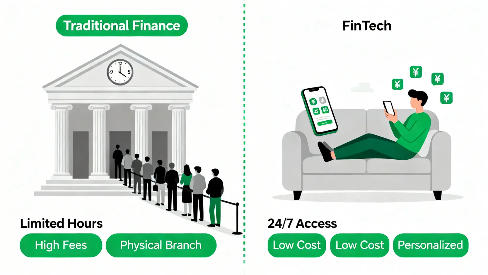 金融科技與傳統金融的對比圖，顯示金融科技在便利性、成本和個人化服務上的優勢。
