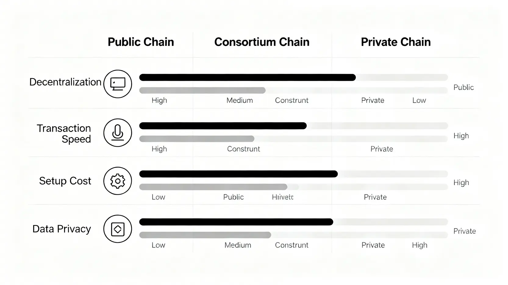 聯盟鏈是什麼?一篇搞懂公有鏈、私有鏈與企業區塊鏈的應用與比較 公有鏈、聯盟鏈與私有鏈在去中心化、交易速度、建置成本與資料隱私性四個維度的比較圖。